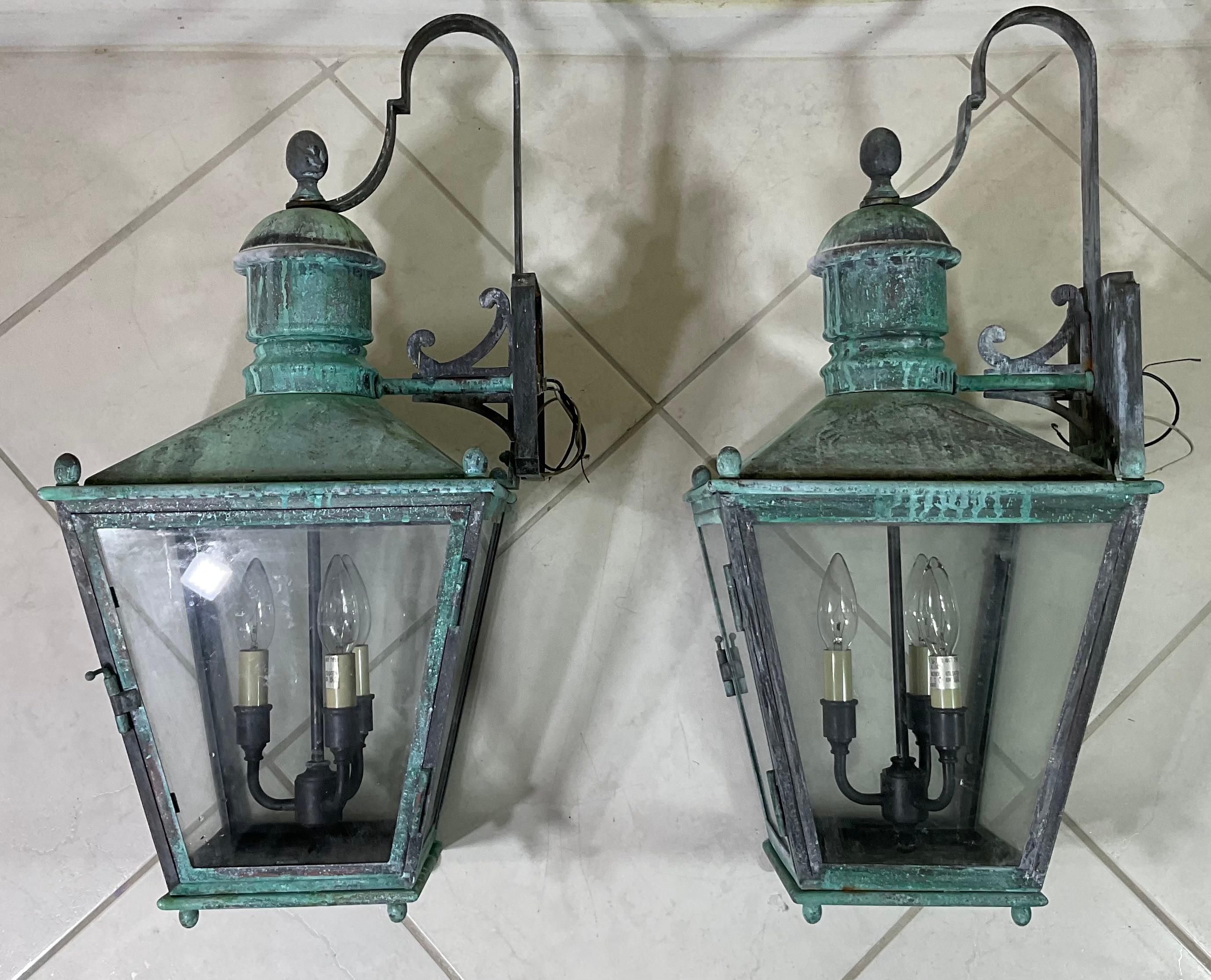 Large Pair of Handcrafted Wall-Mounted Solid Copper Lantern For Sale 1