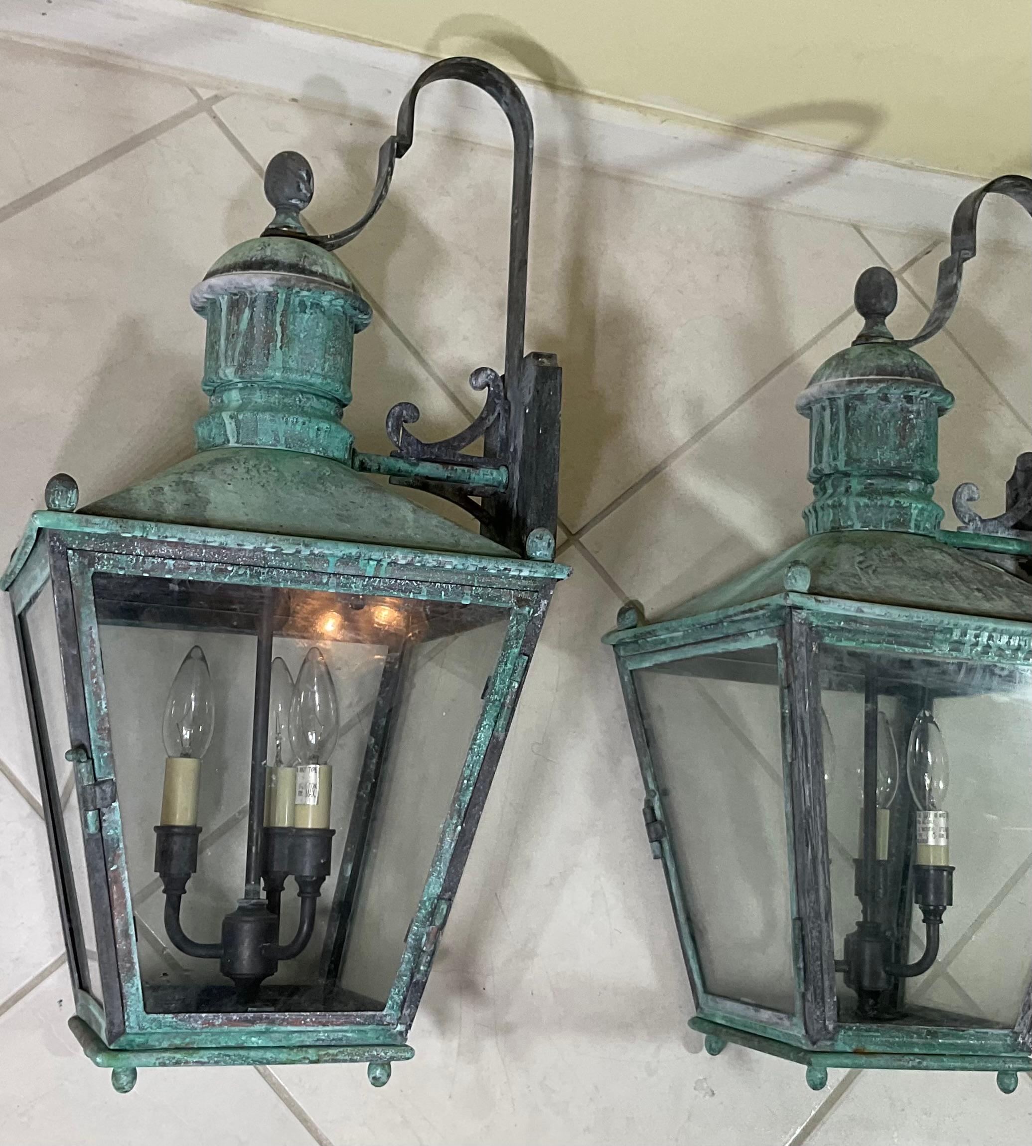 Large Pair of Handcrafted Wall-Mounted Solid Copper Lantern For Sale 2