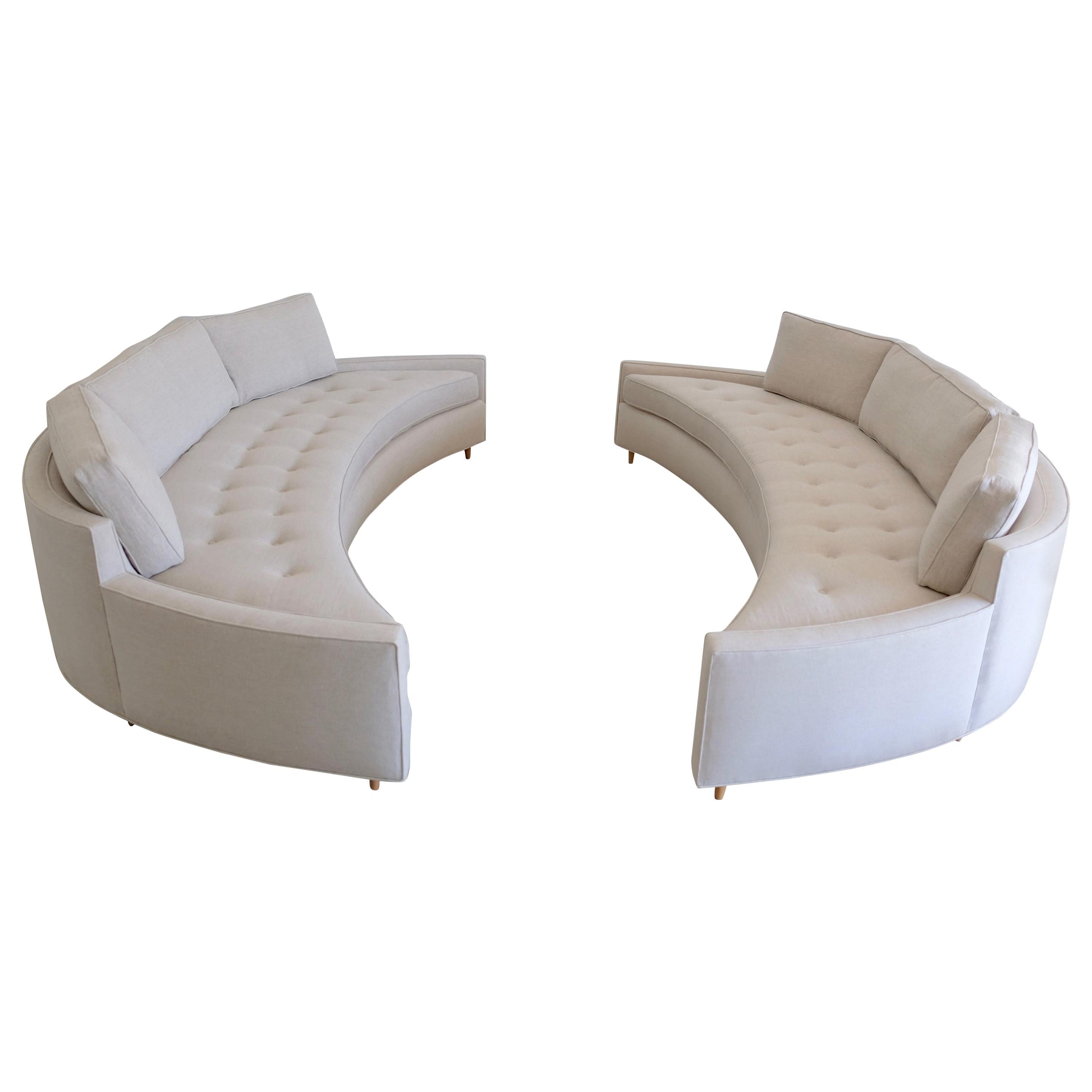 Large Pair of Harvey Probber Attributed Curved Sofas in Natural Linen