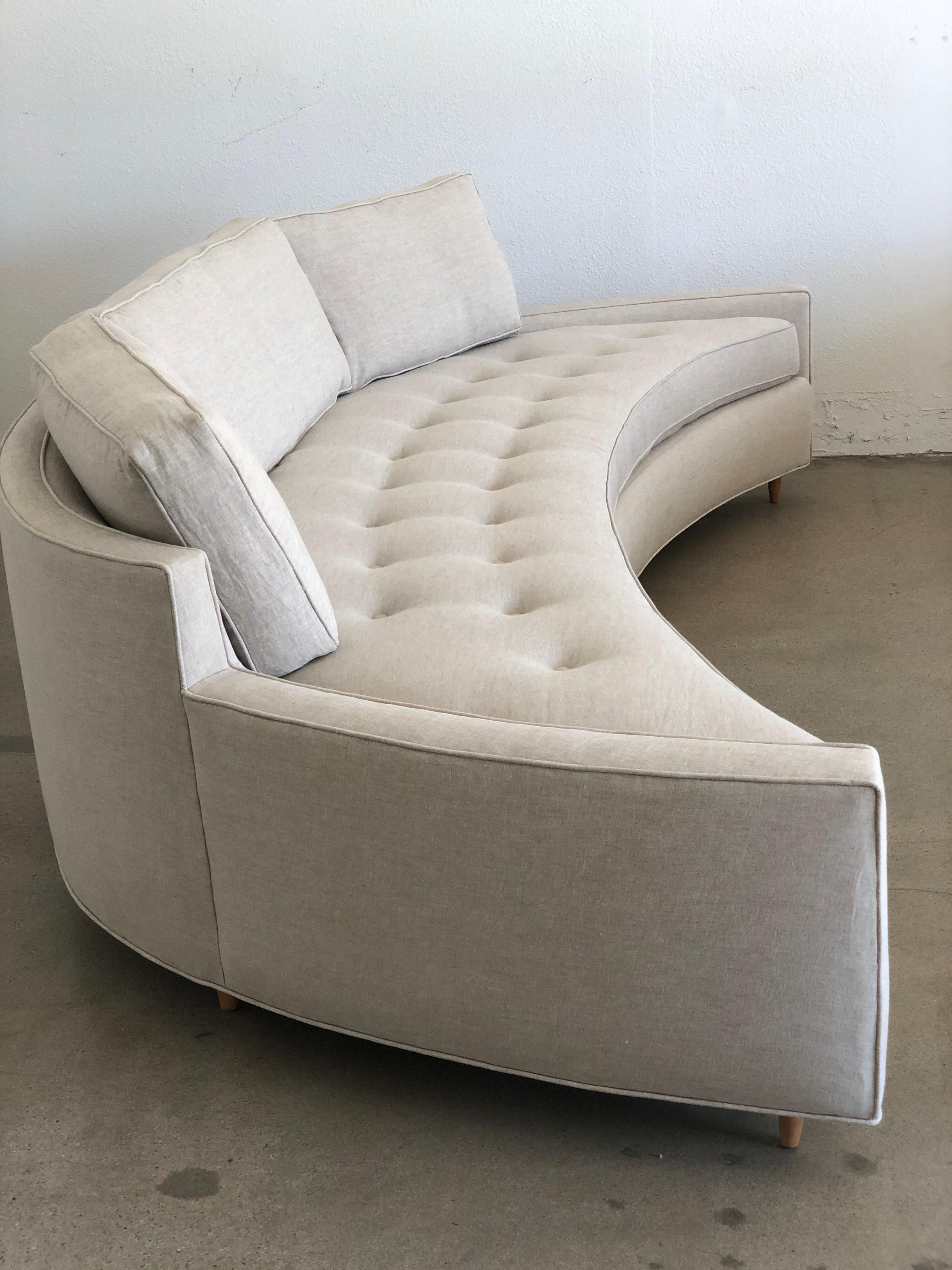 Large Pair of Harvey Probber Attributed Curved Sofas in Natural Linen 5