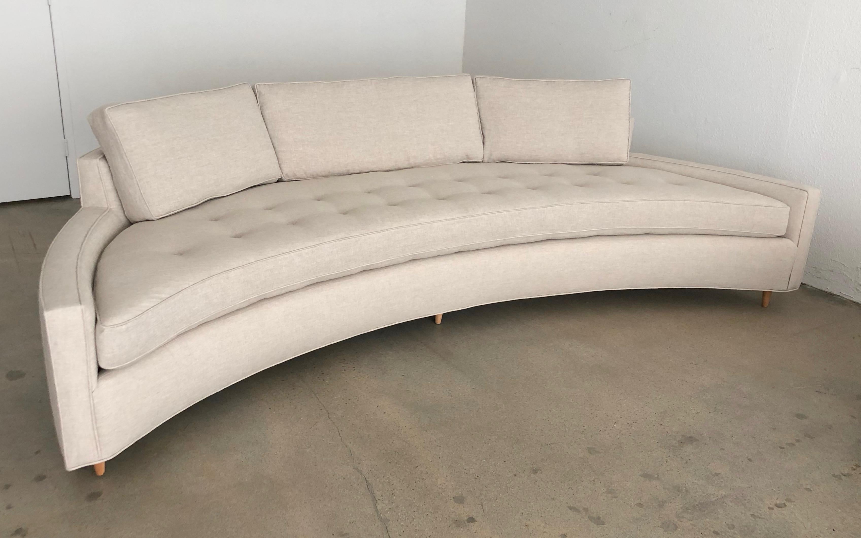 Large Pair of Harvey Probber Attributed Curved Sofas in Natural Linen 11