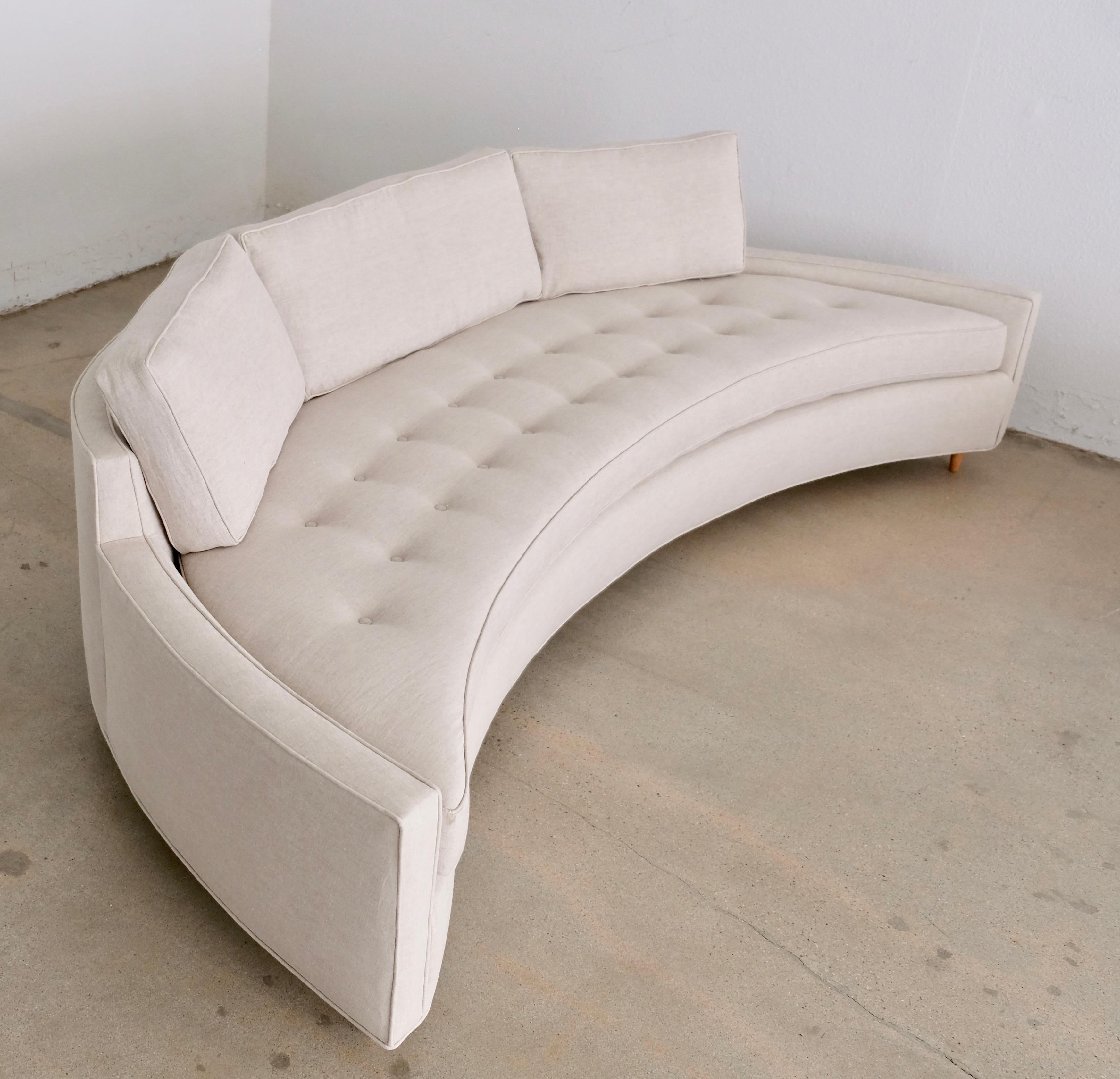 Large Pair of Harvey Probber Attributed Curved Sofas in Natural Linen 2