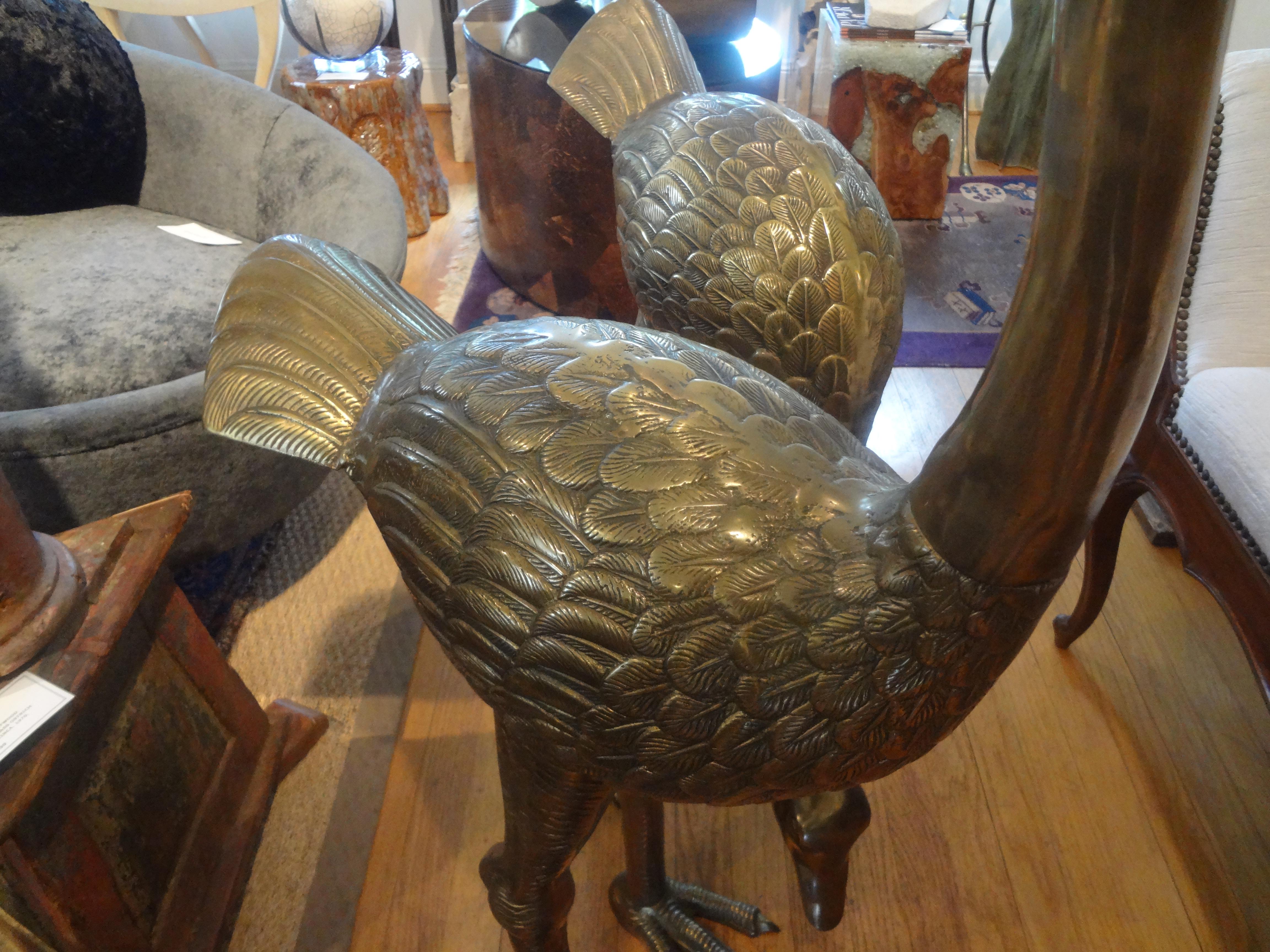 Large Pair of Hollywood Regency Brass Ostrich Figures In Good Condition For Sale In Houston, TX