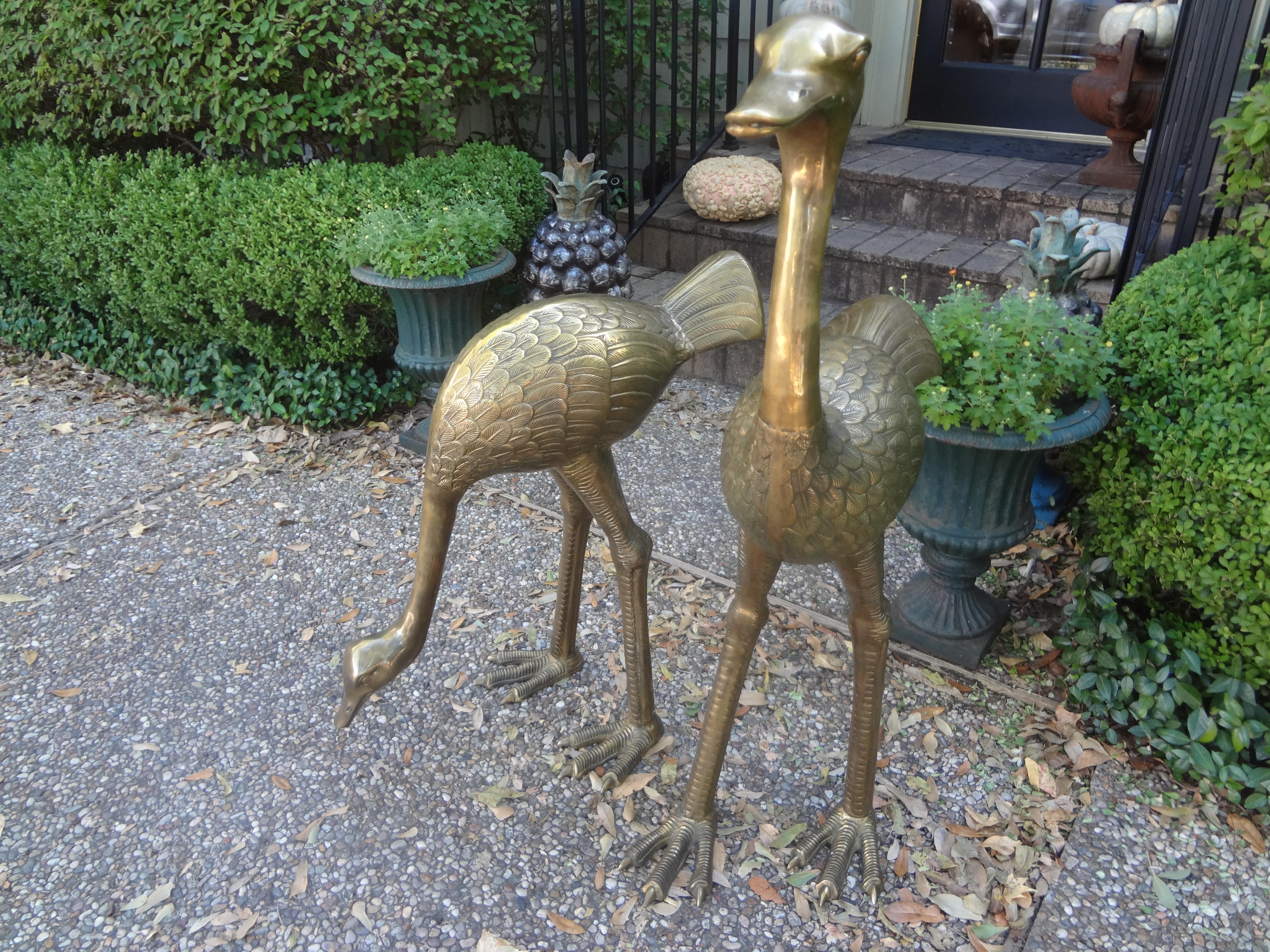 Late 20th Century Large Pair of Hollywood Regency Brass Ostrich Figures For Sale