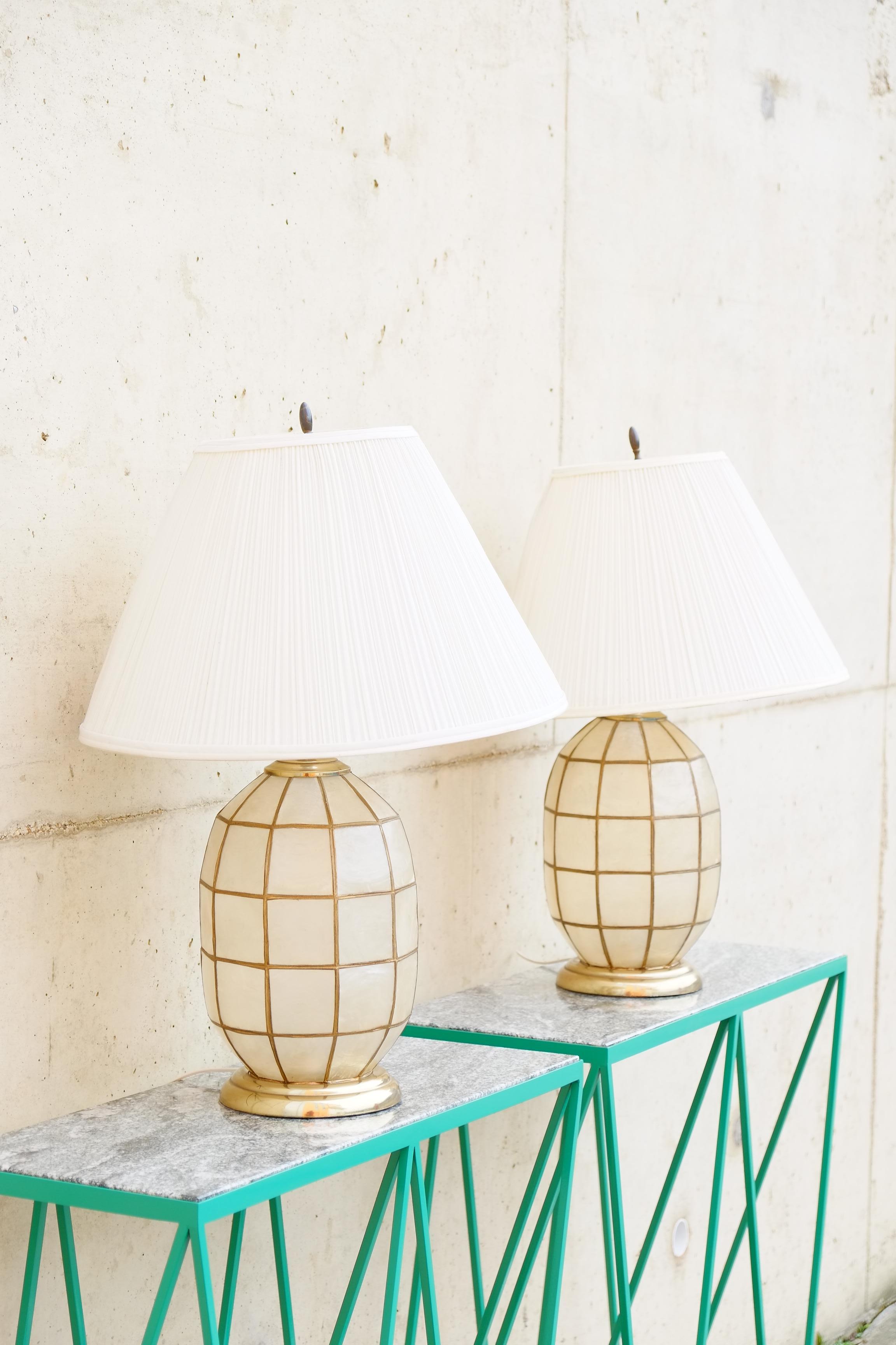 American Large Pair of Hollywood Regency Lapis Shell Table Lamps For Sale