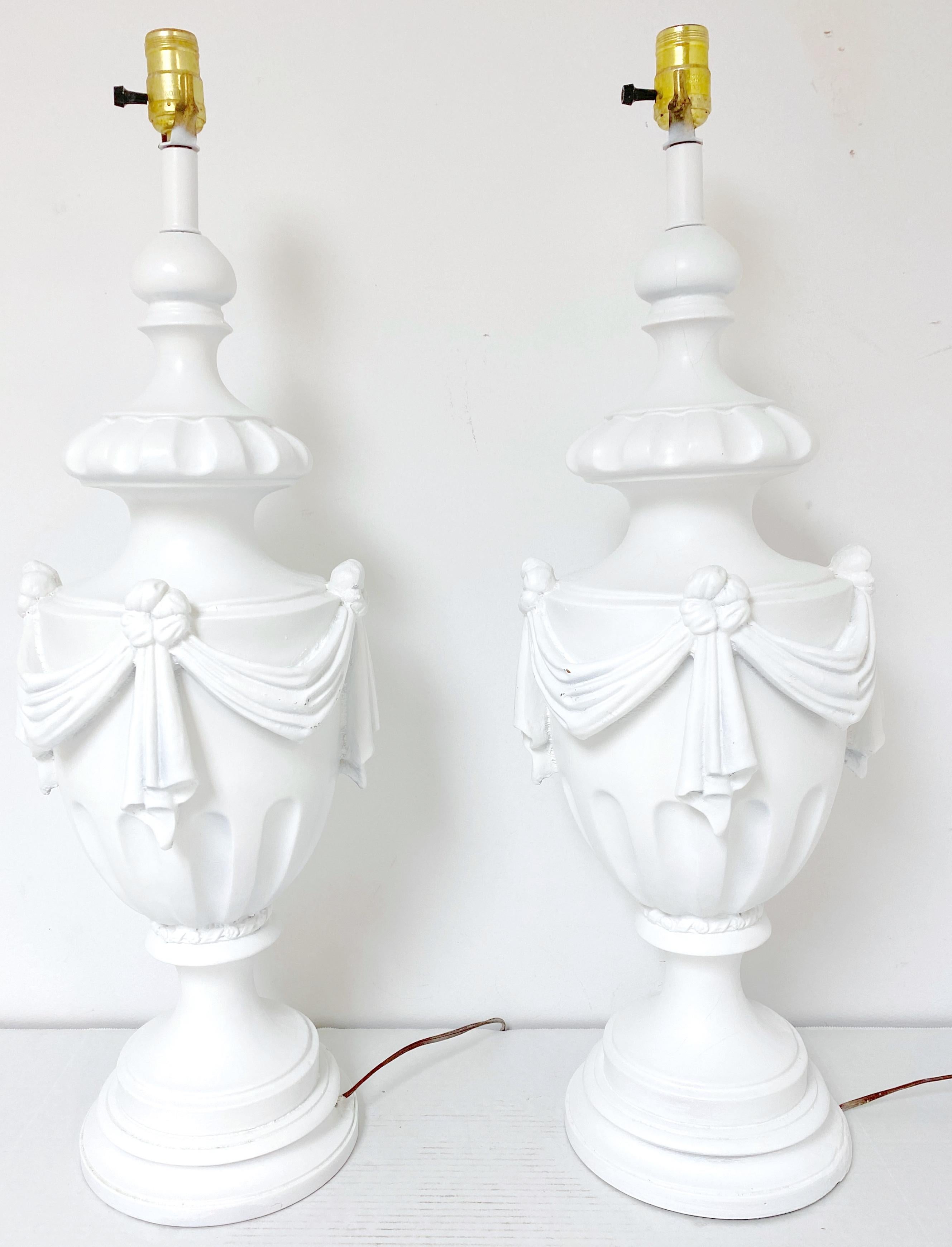American Large Pair of Hollywood Regency Neoclassical White Lacquered Draped Urn Lamps  For Sale