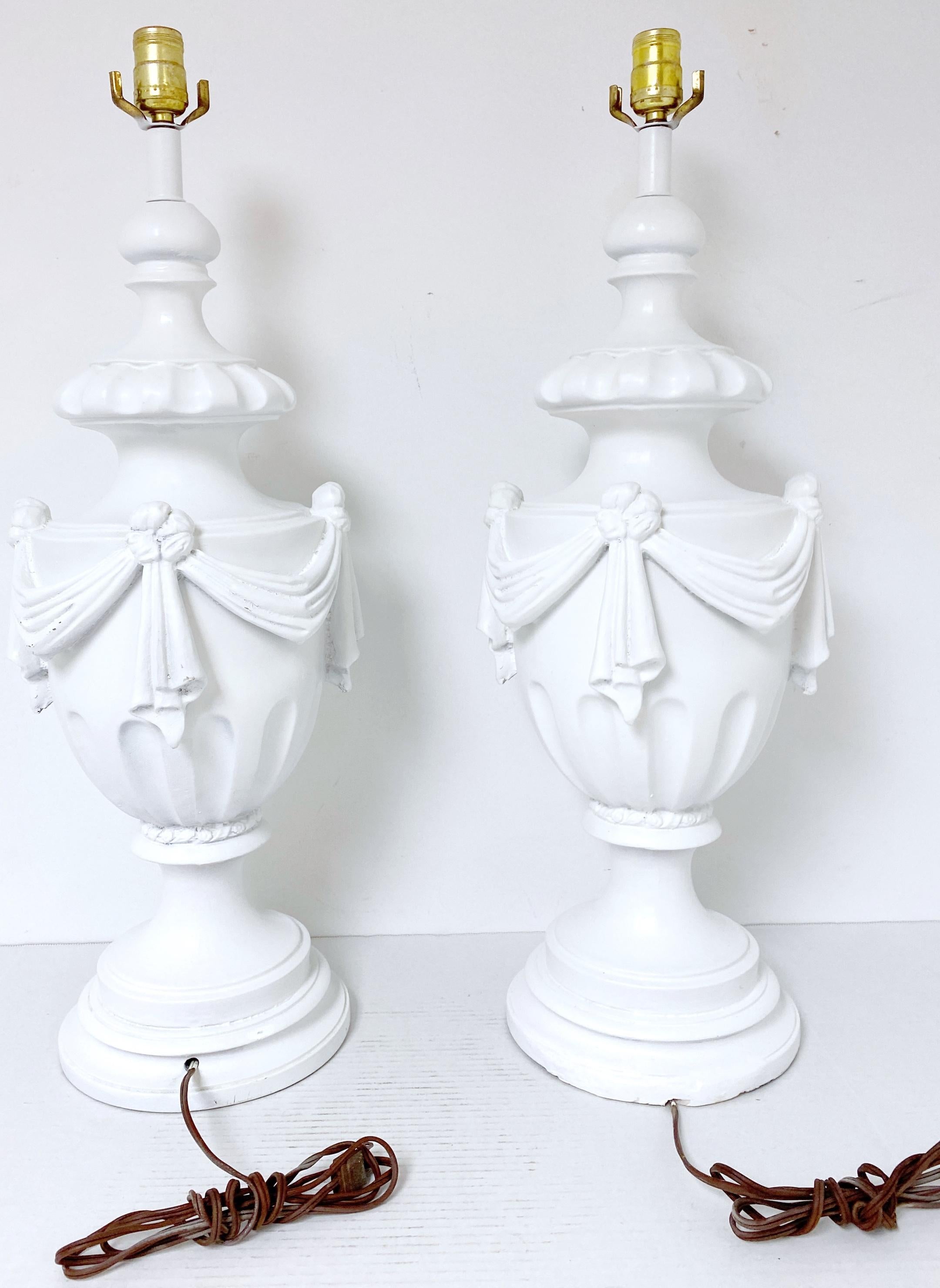 Large Pair of Hollywood Regency Neoclassical White Lacquered Draped Urn Lamps  In Good Condition For Sale In West Palm Beach, FL