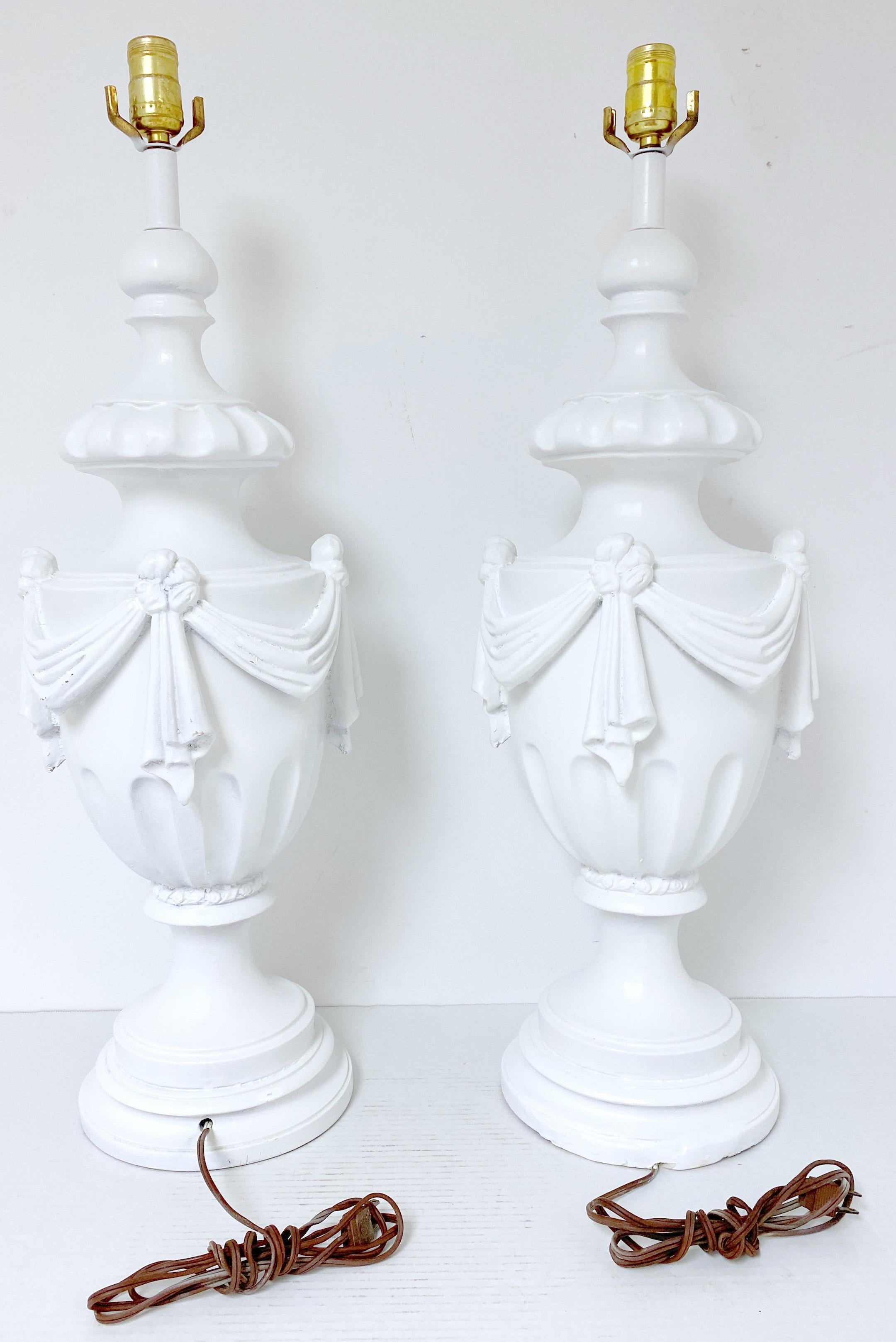 20th Century Large Pair of Hollywood Regency Neoclassical White Lacquered Draped Urn Lamps  For Sale