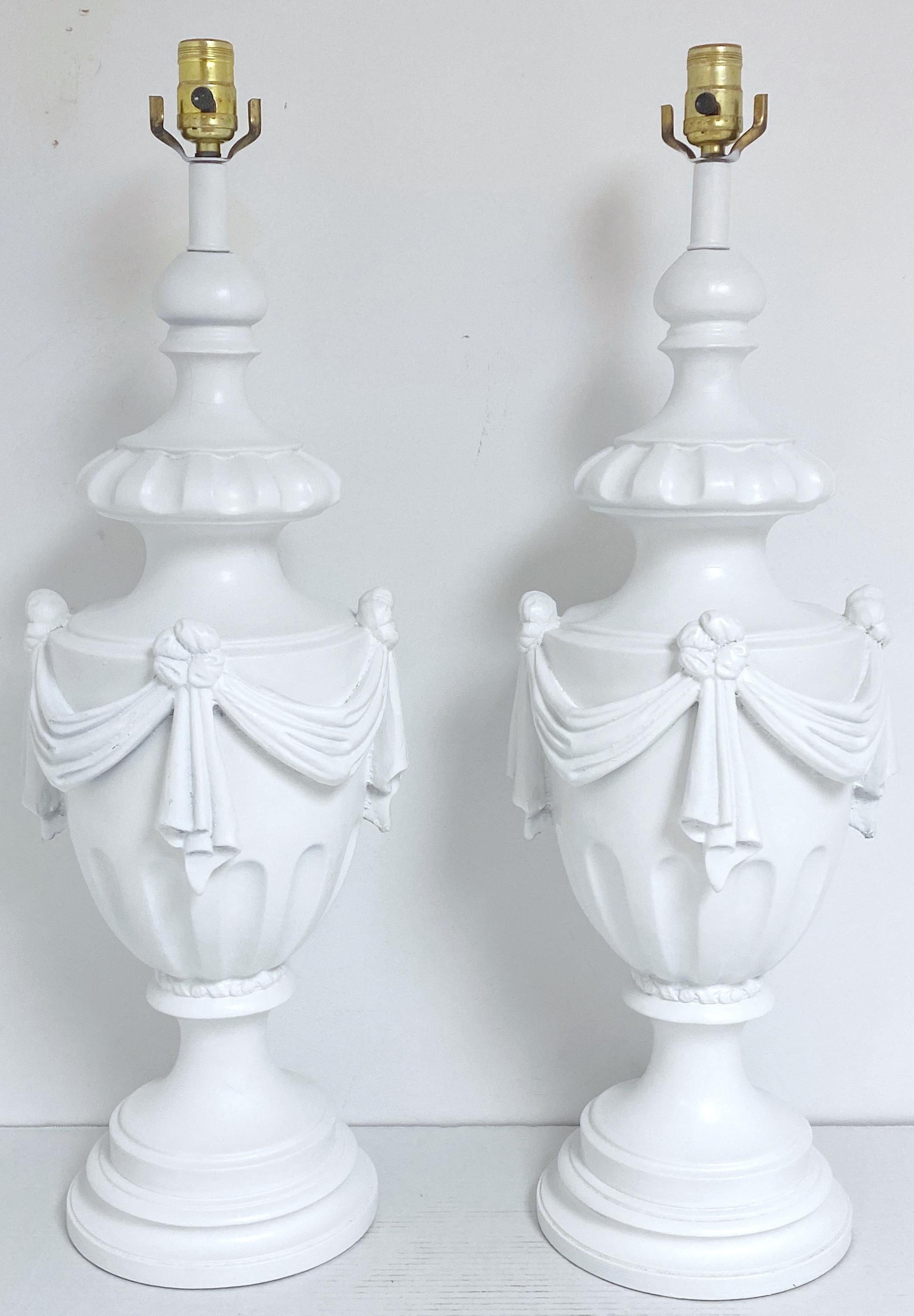 Plaster Large Pair of Hollywood Regency Neoclassical White Lacquered Draped Urn Lamps  For Sale