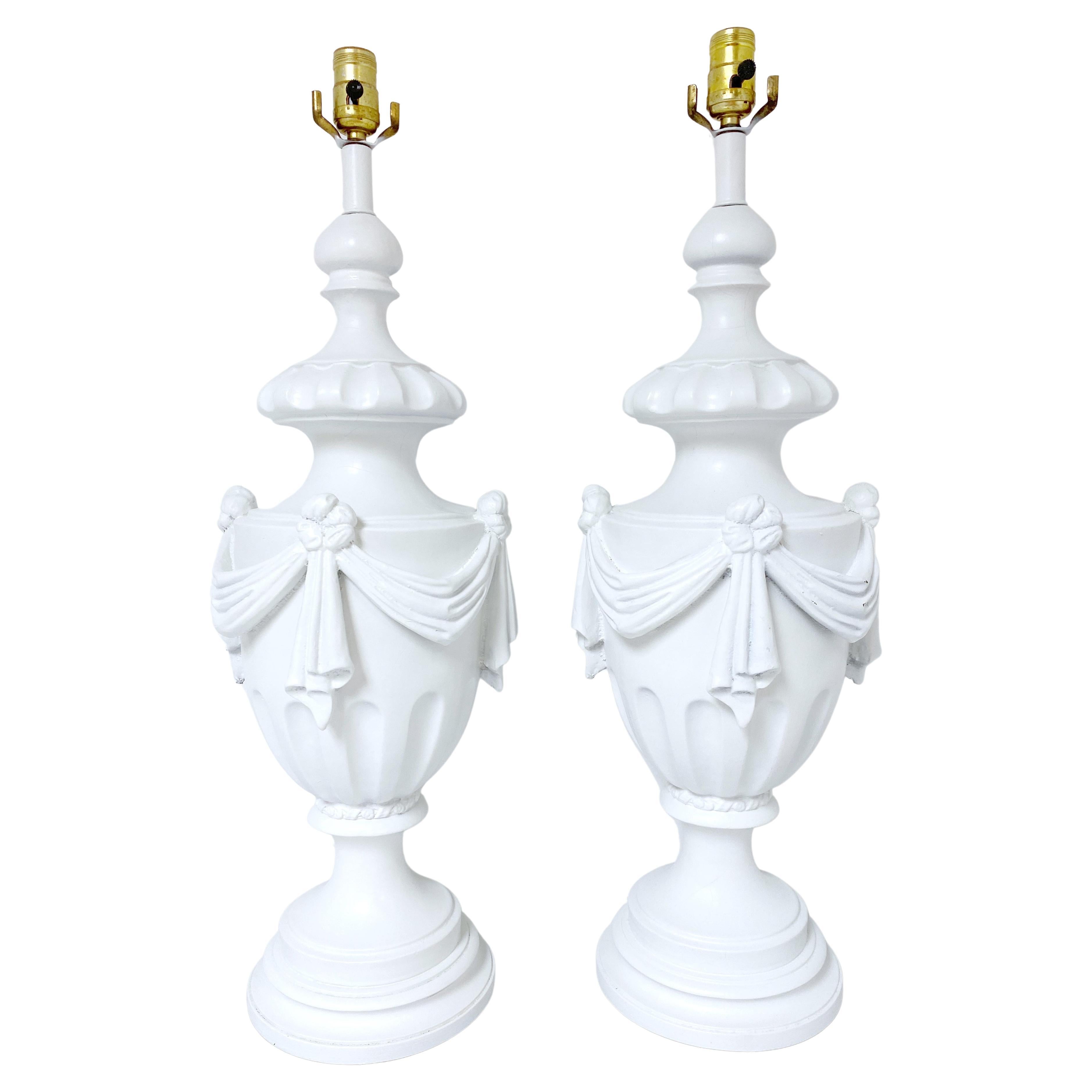 Large Pair of Hollywood Regency Neoclassical White Lacquered Draped Urn Lamps  For Sale