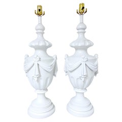Large Pair of Hollywood Regency Neoclassical White Lacquered Draped Urn Lamps 