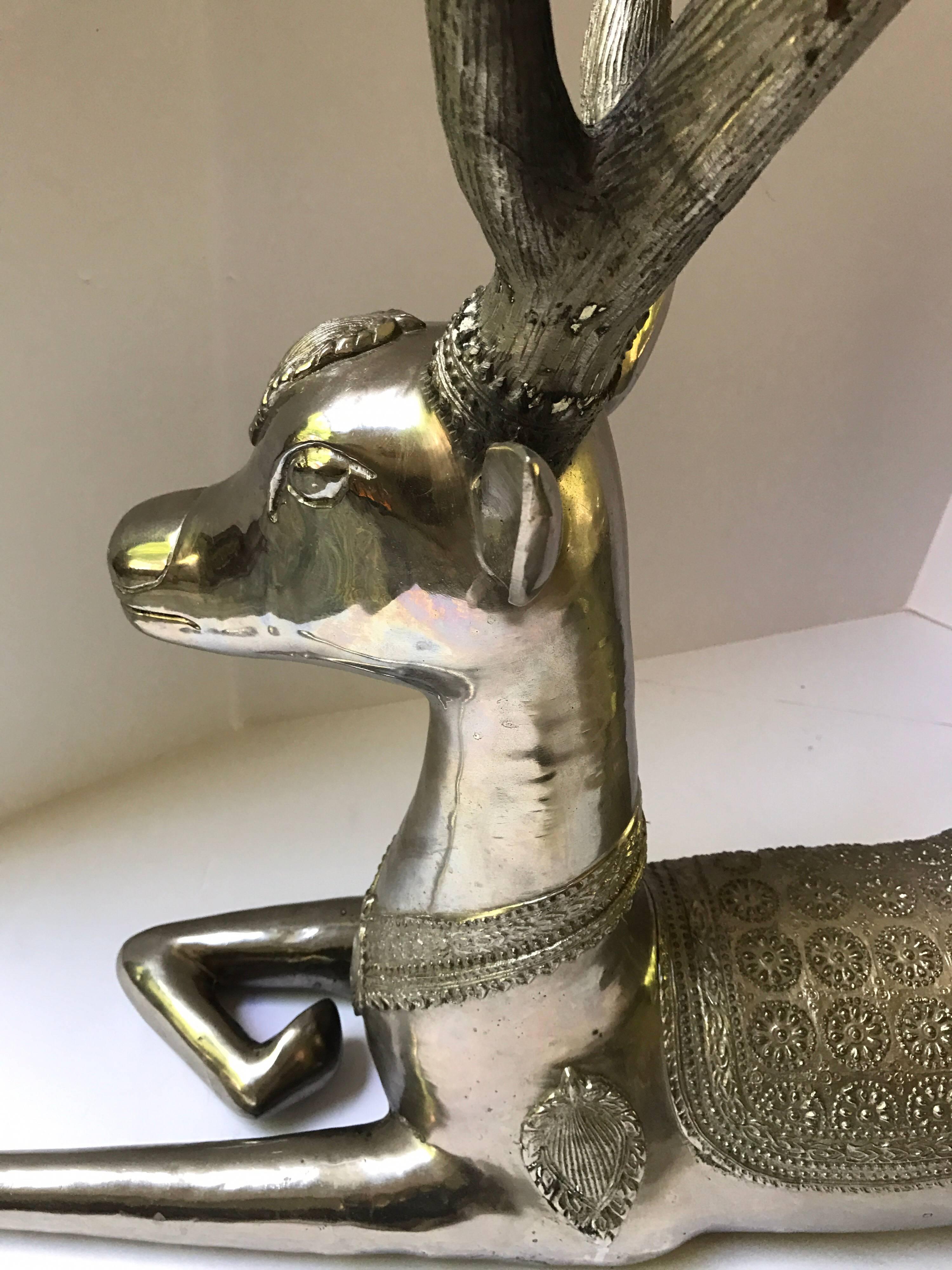 Mid-20th Century Pair of Art Deco Silvered Bronze Deer Statues Sculptures