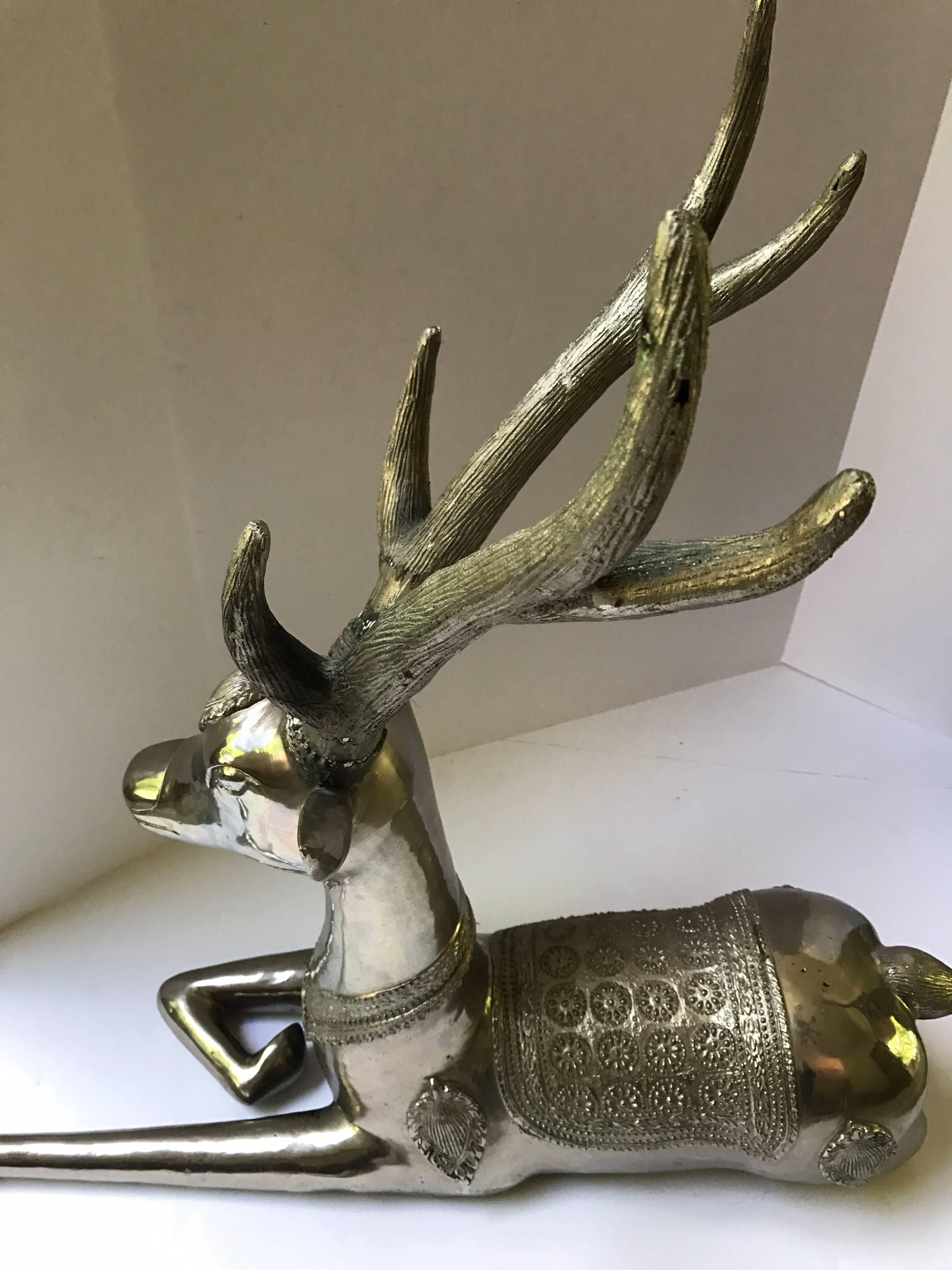 Pair of Art Deco Silvered Bronze Deer Statues Sculptures 1