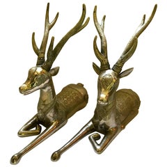 Pair of Art Deco Silvered Bronze Deer Statues Sculptures