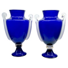 Vintage Large Pair of Hollywood Regency Style Cobalt Blue Murano Glass Vases 
