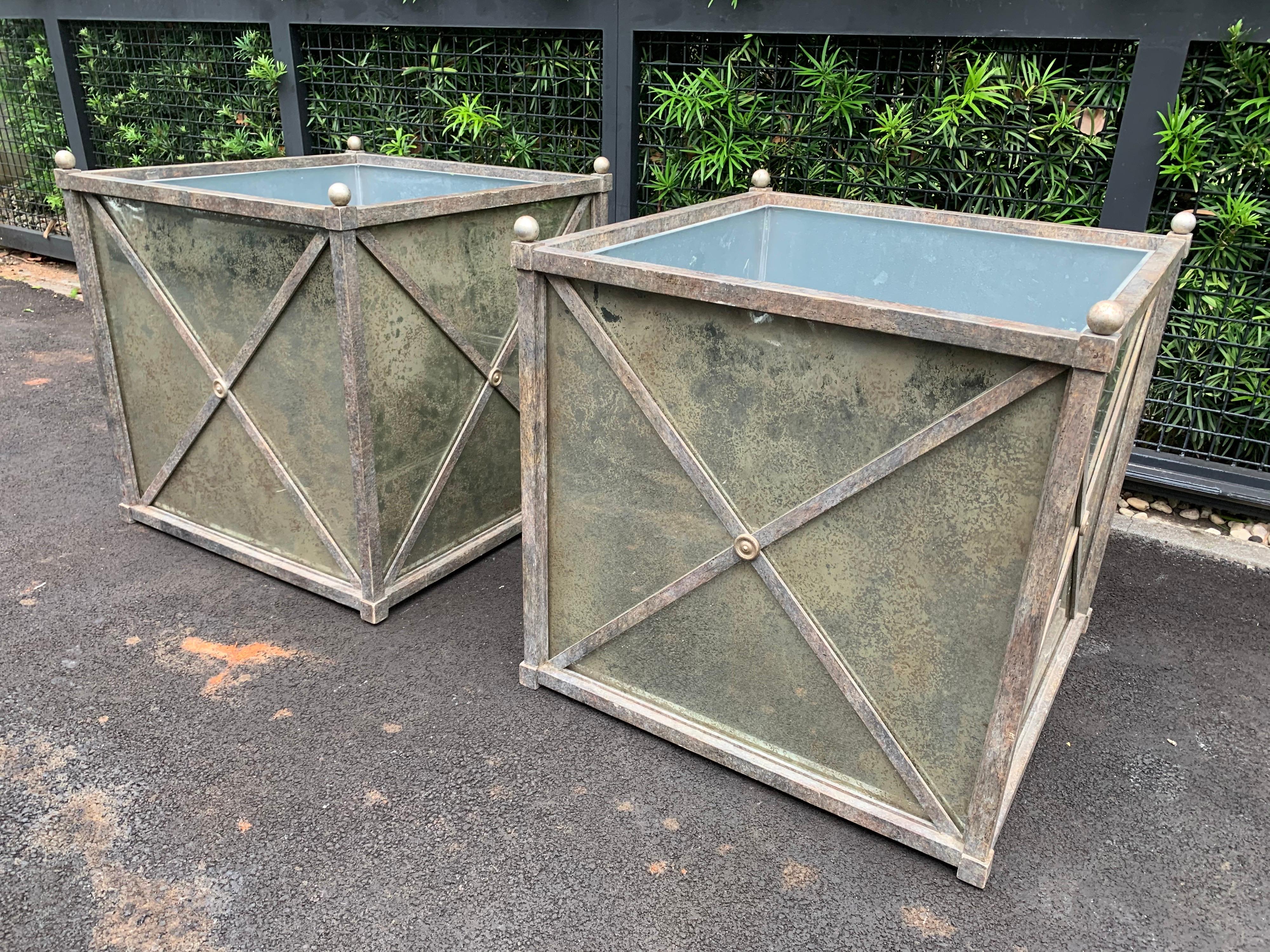 Large Pair of Hollywood Regency Style Iron and Mirror Square Planters 2