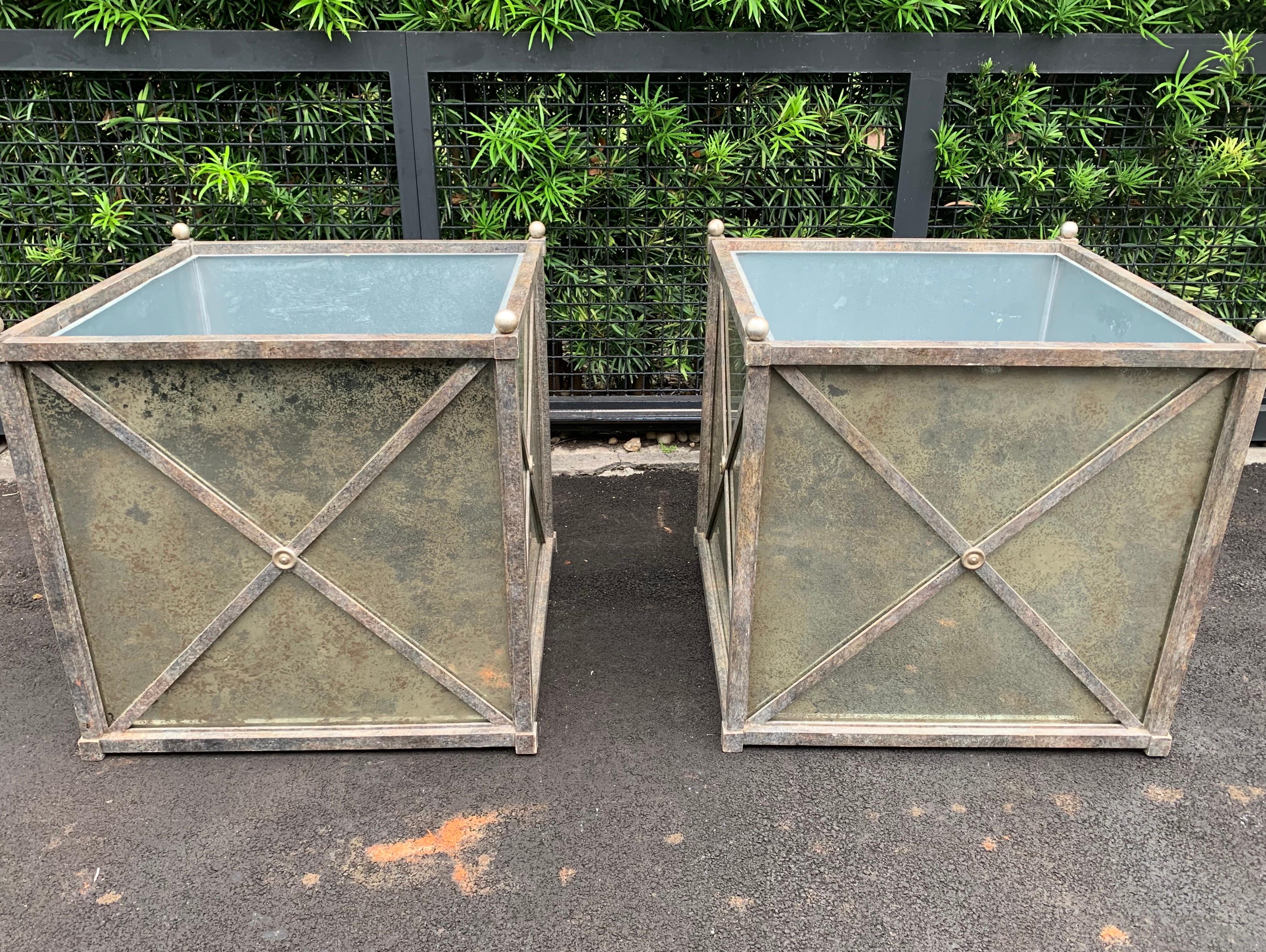 Large Pair of Hollywood Regency Style Iron and Mirror Square Planters 4