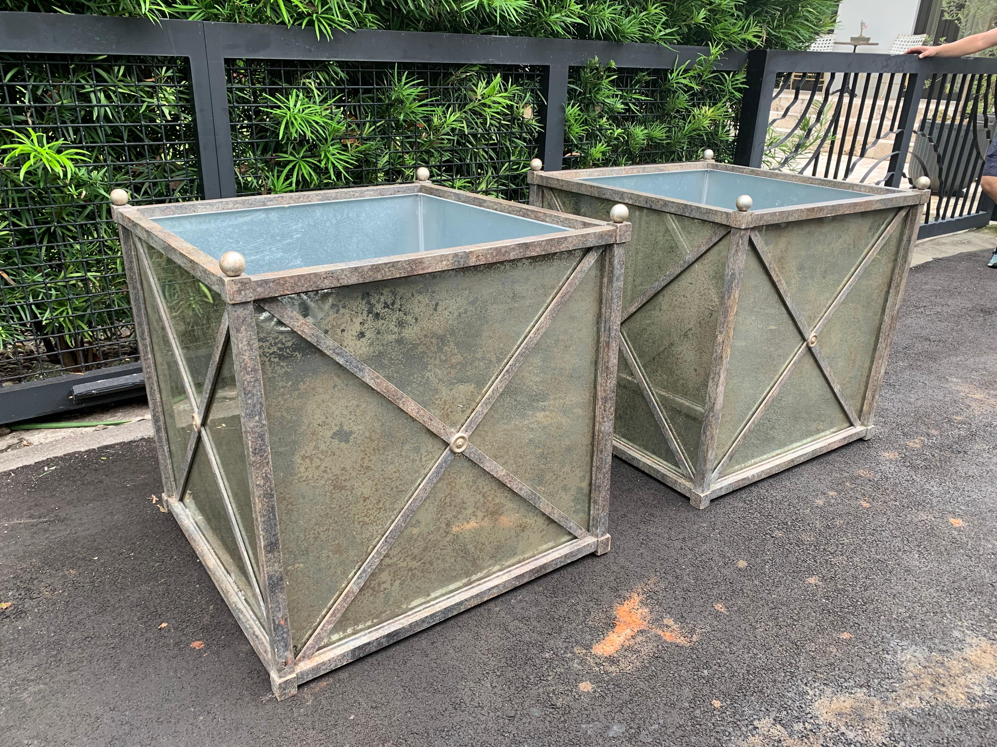 American Large Pair of Hollywood Regency Style Iron and Mirror Square Planters