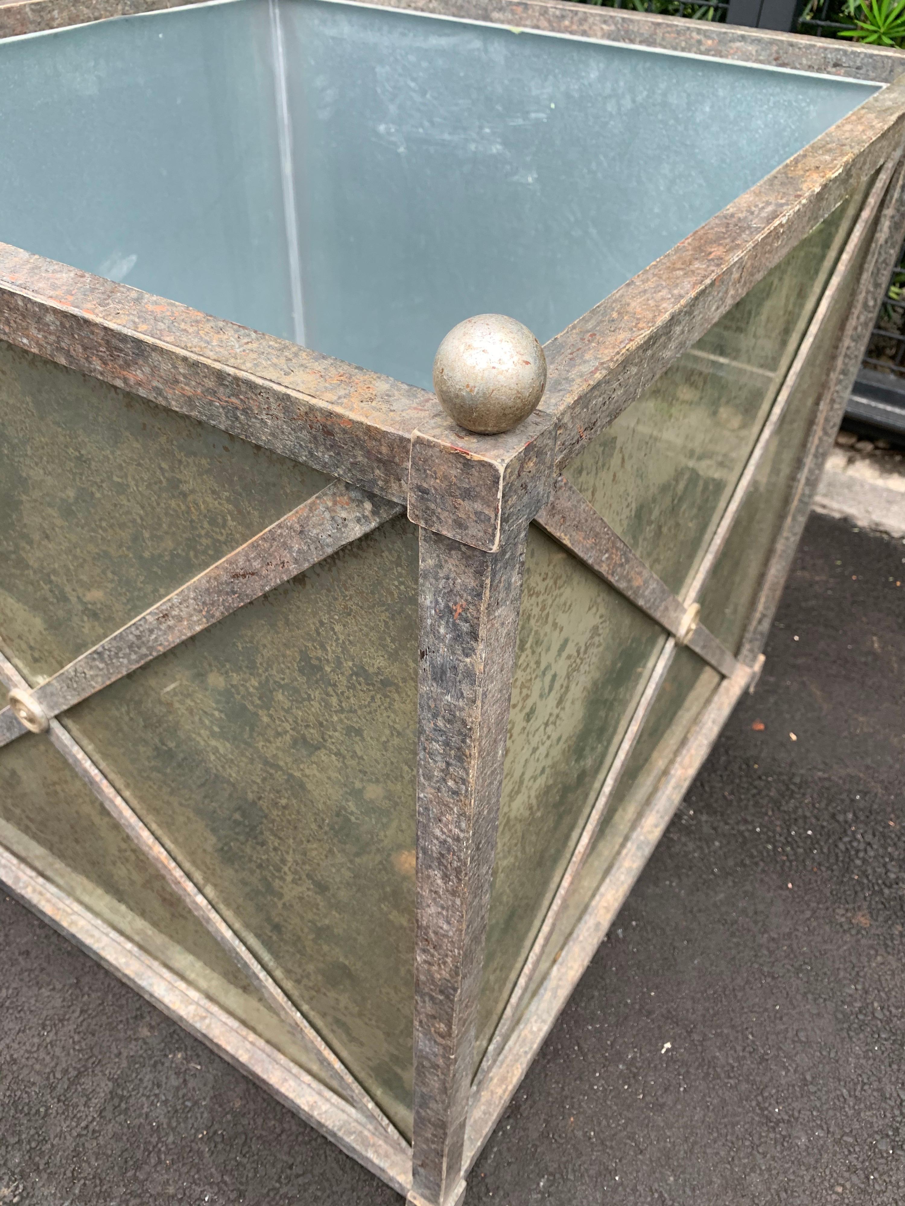Late 20th Century Large Pair of Hollywood Regency Style Iron and Mirror Square Planters
