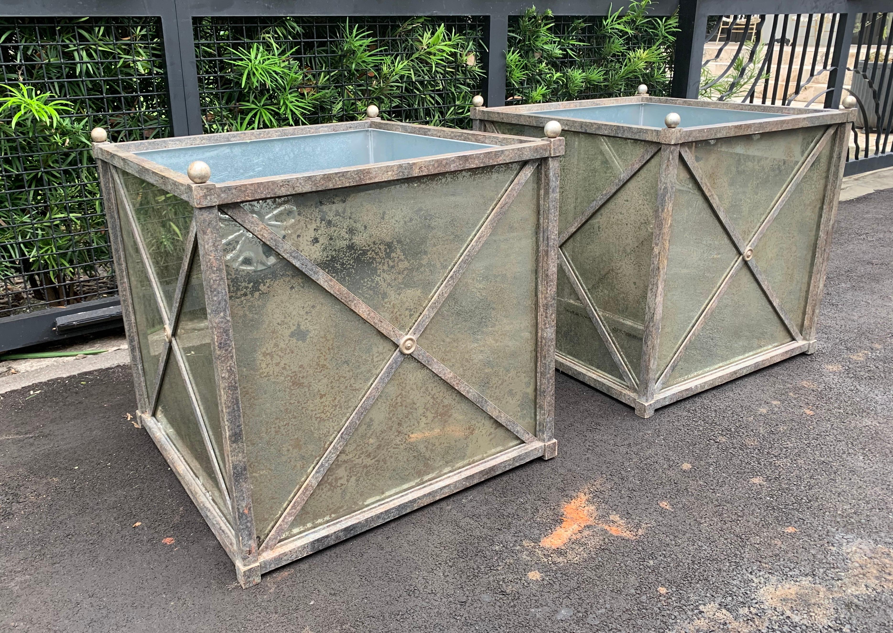 Brass Large Pair of Hollywood Regency Style Iron and Mirror Square Planters