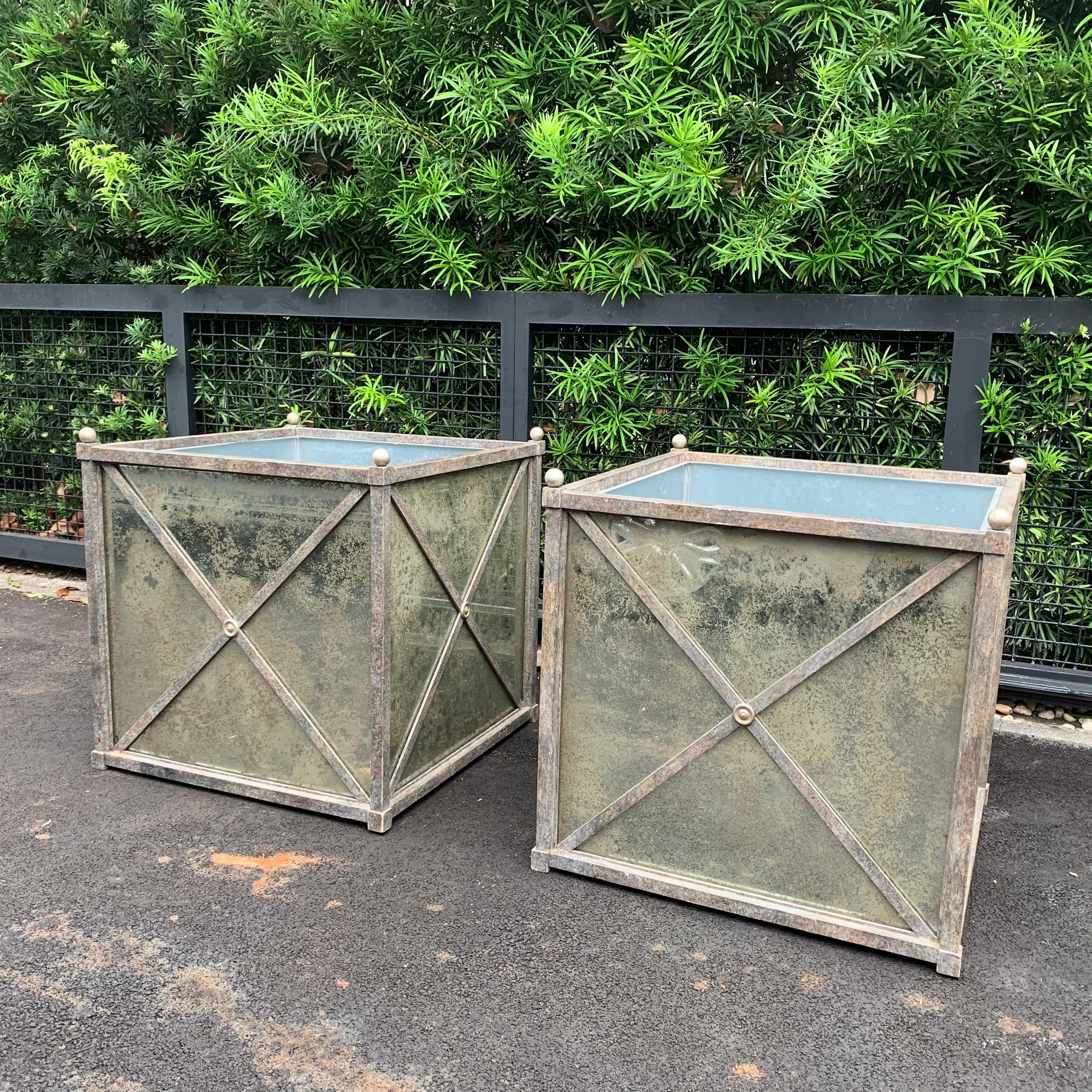 Large Pair of Hollywood Regency Style Iron and Mirror Square Planters 1