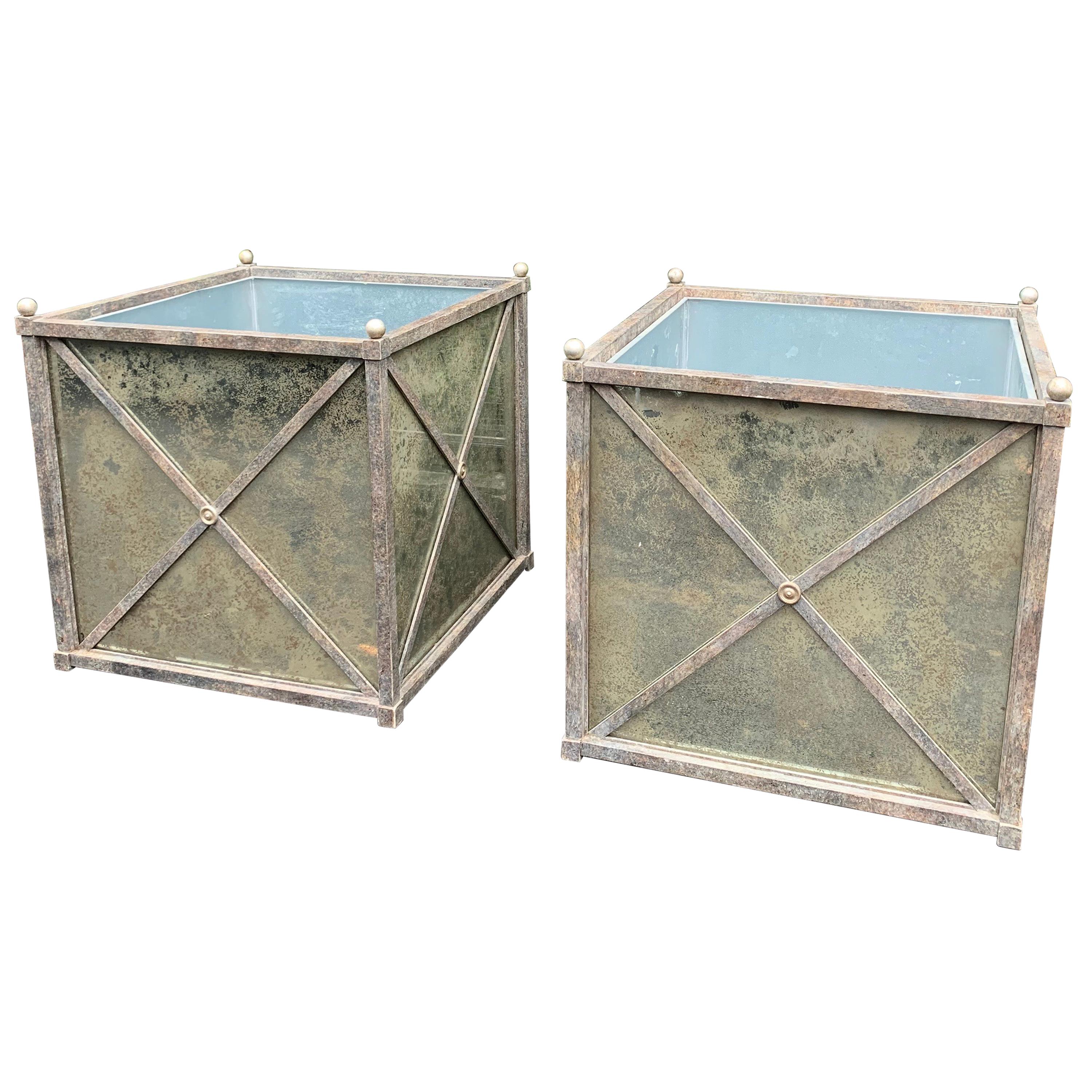 Large Pair of Hollywood Regency Style Iron and Mirror Square Planters