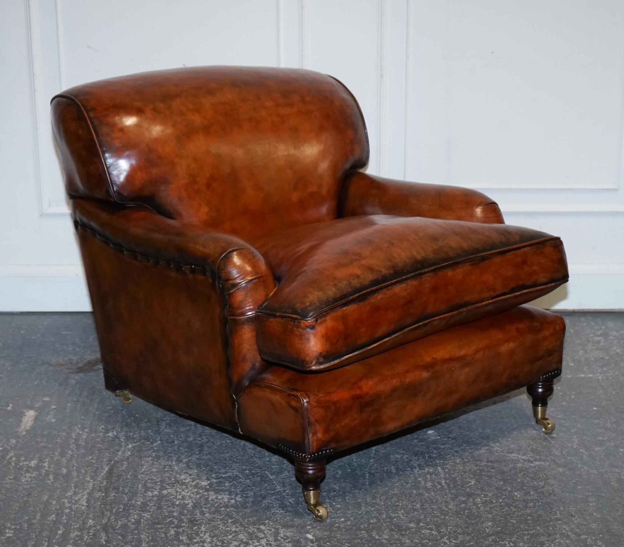 LARGE PAIR OF HOWARD STYLE HAND DYED LEATHER ARMCHAIRS FEATHER FILLED CUSHiONS For Sale 6