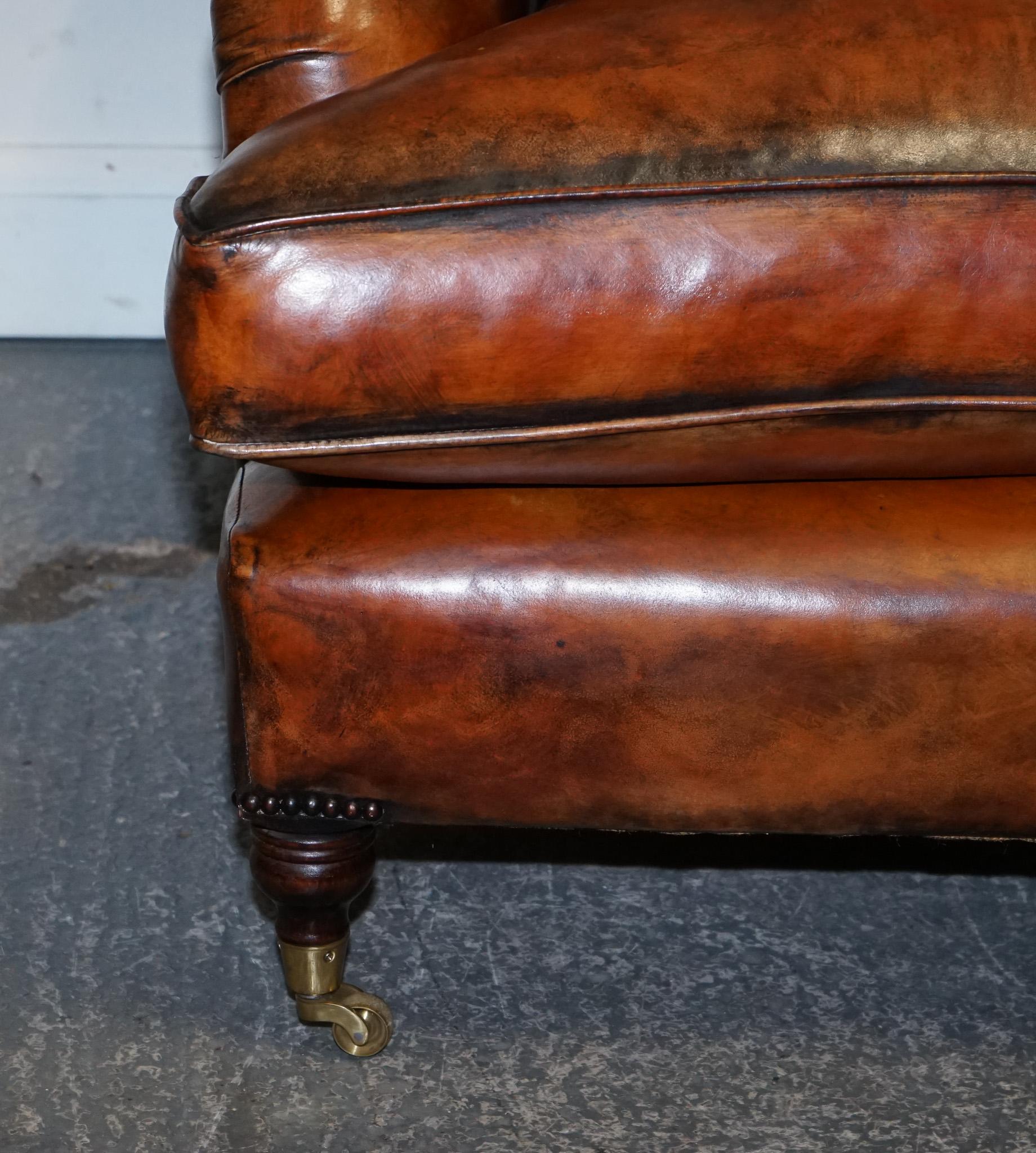 Hand-Crafted LARGE PAIR OF HOWARD STYLE HAND DYED LEATHER ARMCHAIRS FEATHER FILLED CUSHiONS For Sale