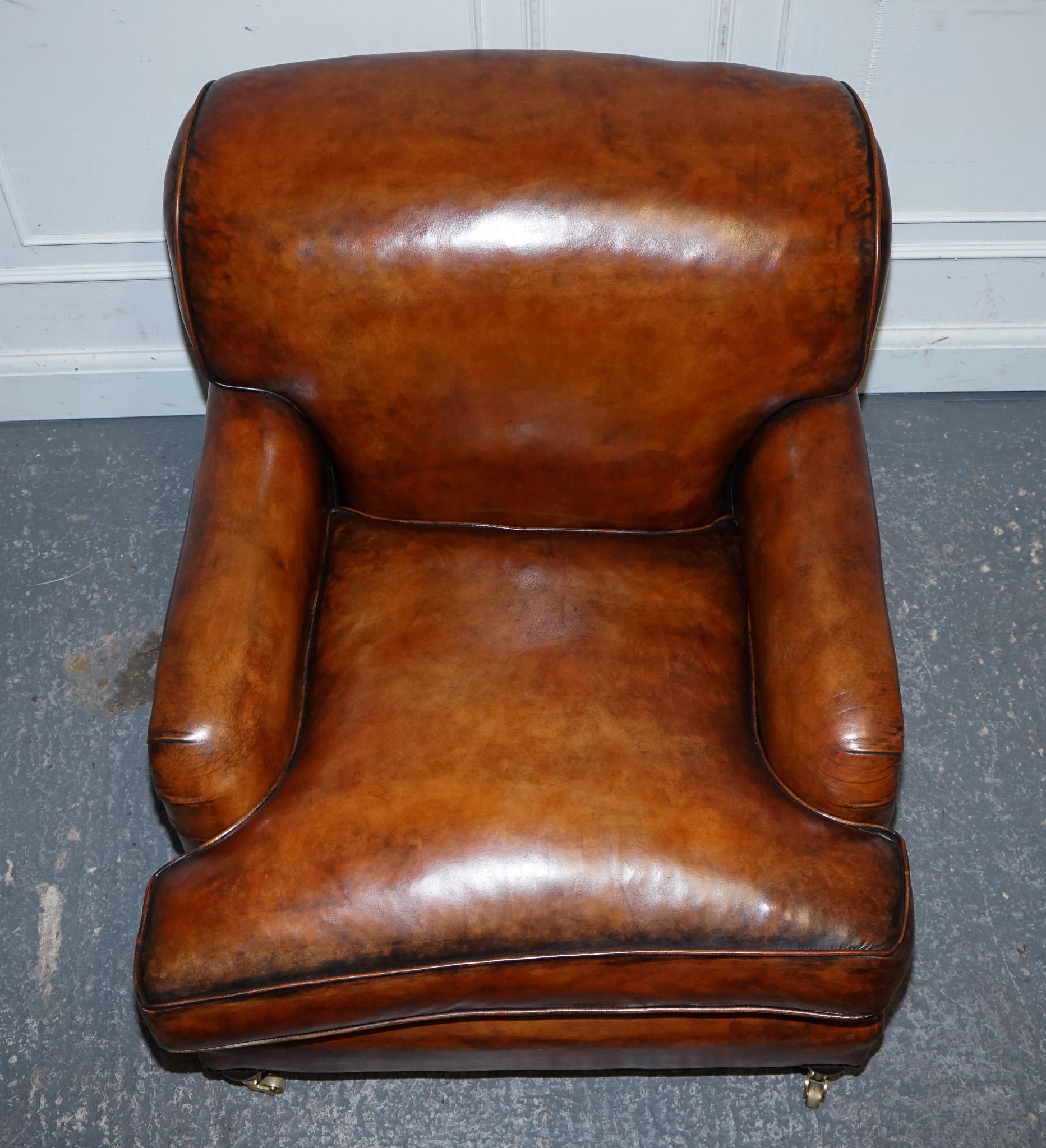 20th Century LARGE PAIR OF HOWARD STYLE HAND DYED LEATHER ARMCHAIRS FEATHER FILLED CUSHiONS For Sale