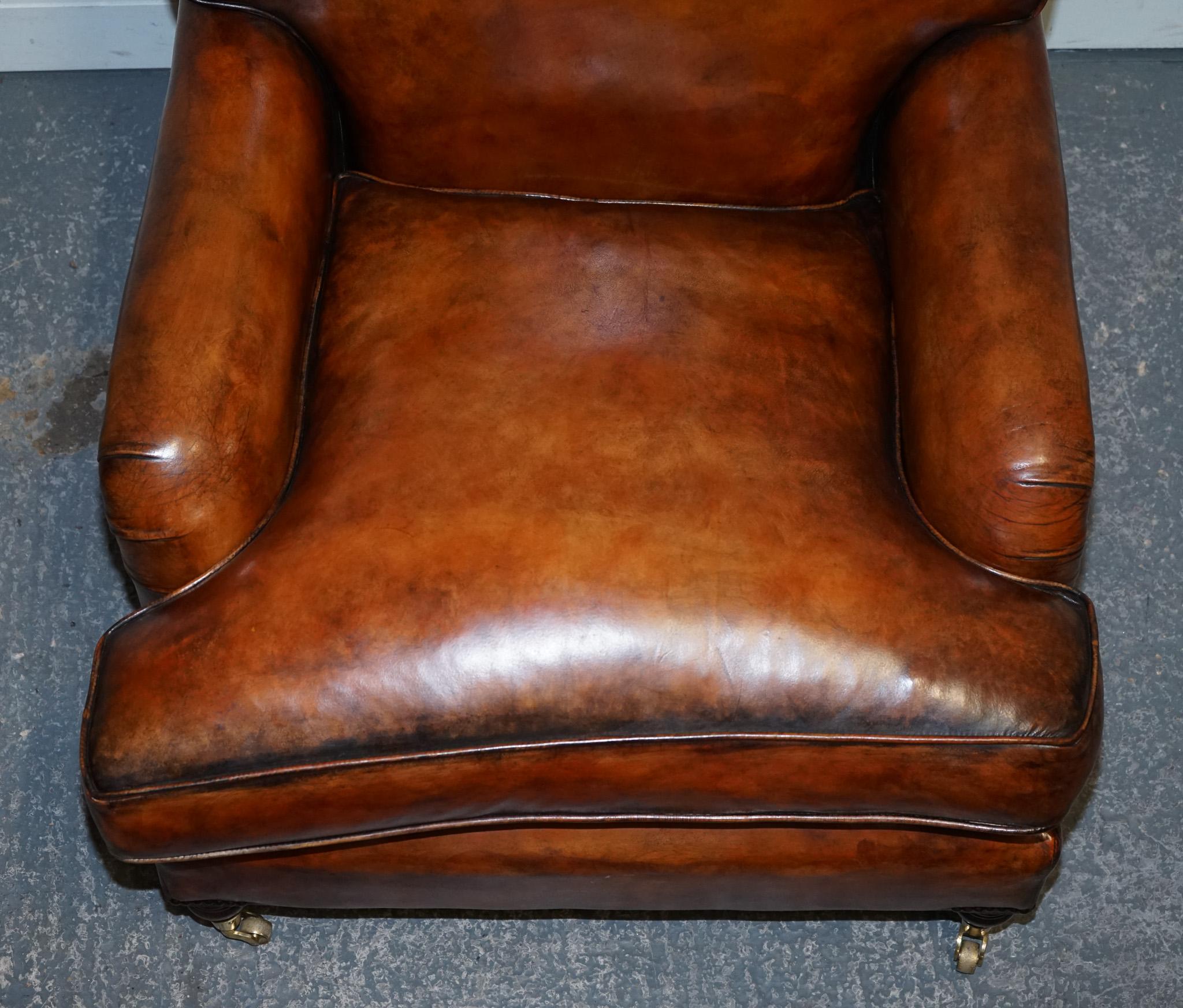 Leather LARGE PAIR OF HOWARD STYLE HAND DYED LEATHER ARMCHAIRS FEATHER FILLED CUSHiONS For Sale