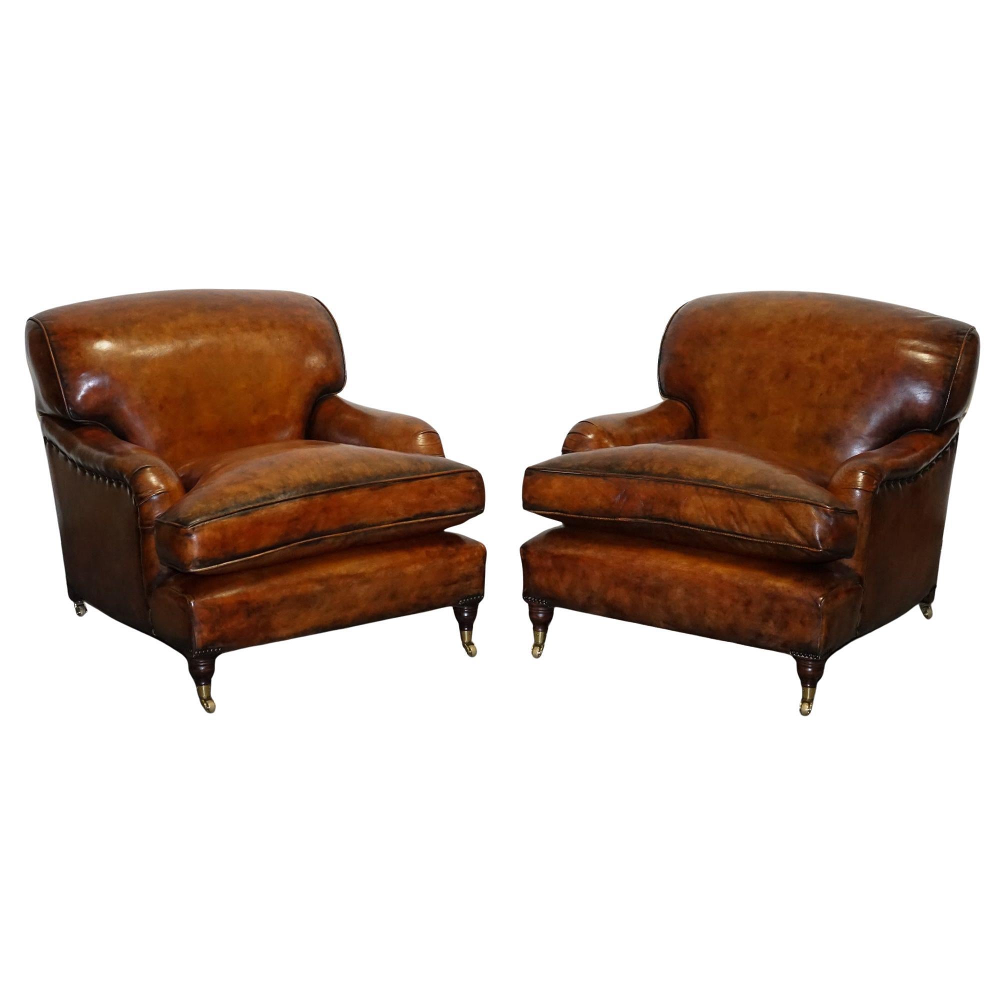 LARGE PAIR OF HOWARD STYLE HAND DYED LEATHER ARMCHAIRS FEATHER FILLED CUSHiONS For Sale