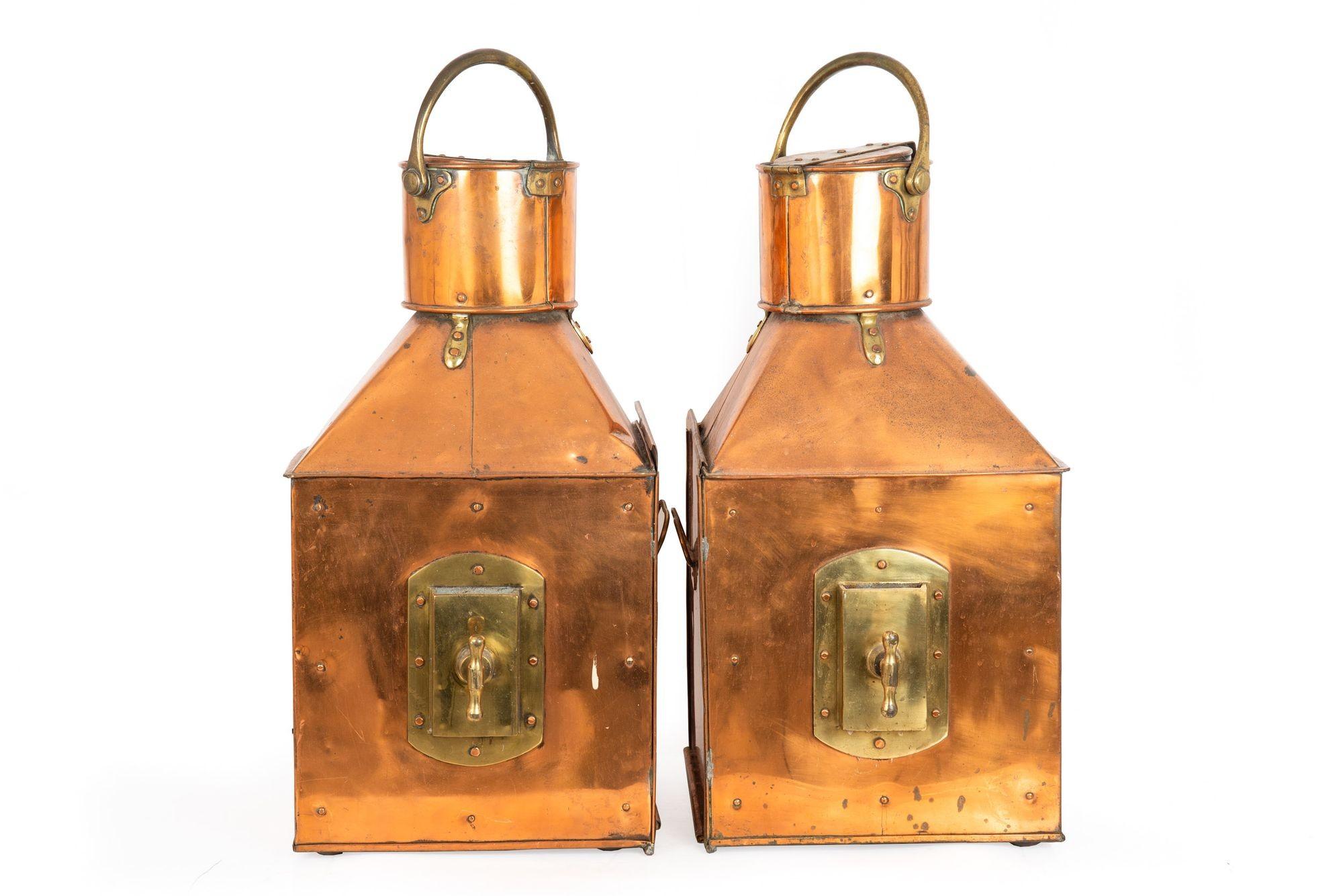 MASSIVE PAIR OF HUGH DOUGLAS COPPER STARBOARD AND PORT SHIP LANTERNS
Each with applied relief maker's plaques and serial numbers of 148 & 149
Item # 301PJO23A 

A nice pair of original ship lanterns from the early 20th century by the firm of Hugh