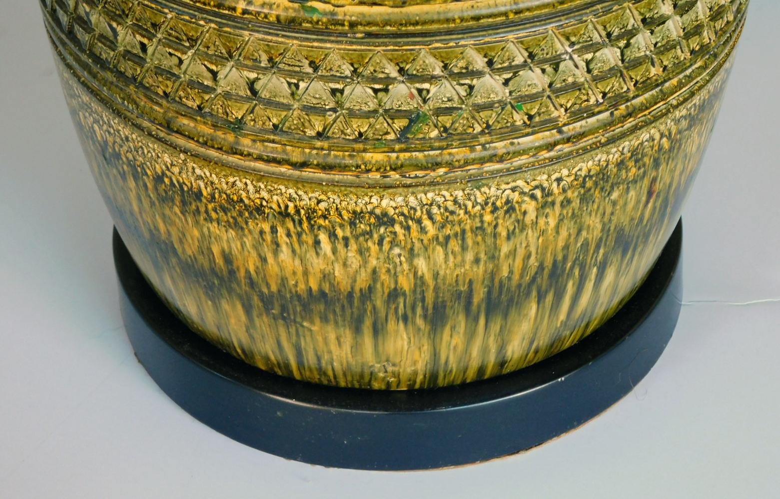 Mid-20th Century Large Pair of Italian 1960s Geometrically Textured Drip Glaze Ceramic Lamps