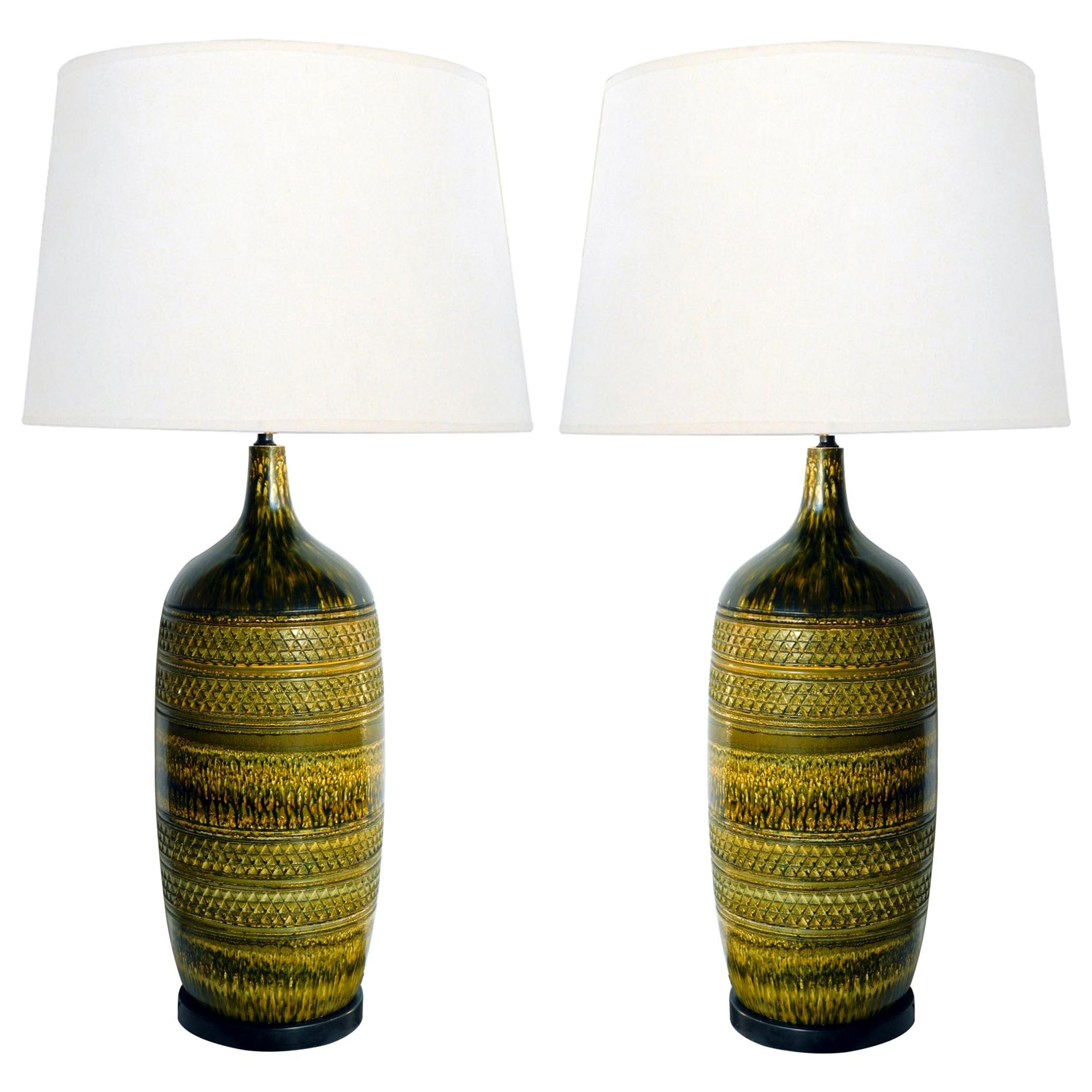 Large Pair of Italian 1960s Geometrically Textured Drip Glaze Ceramic Lamps