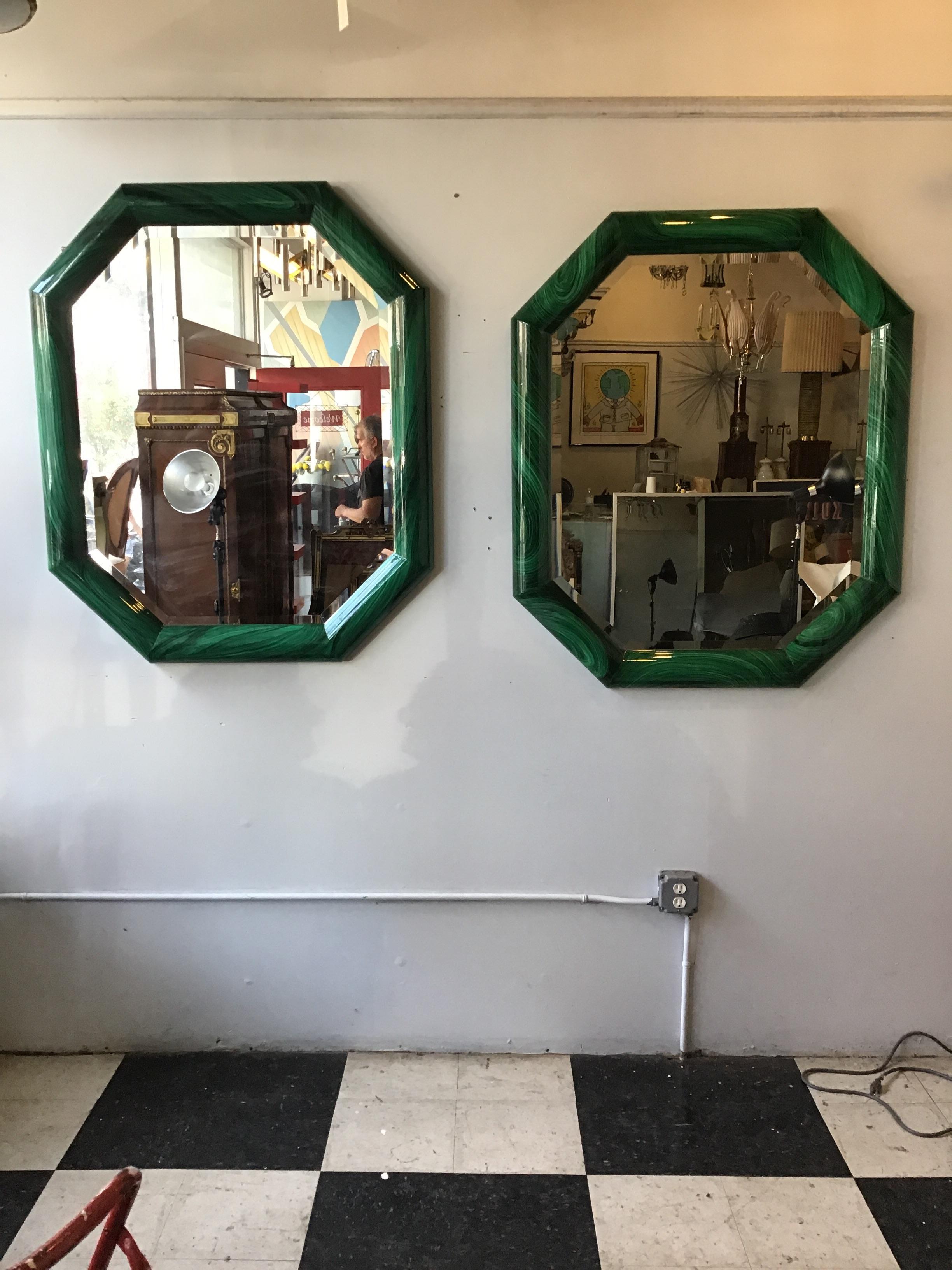 Large pair of 1970s Italian faux malachite beveled mirrors in wood frame.