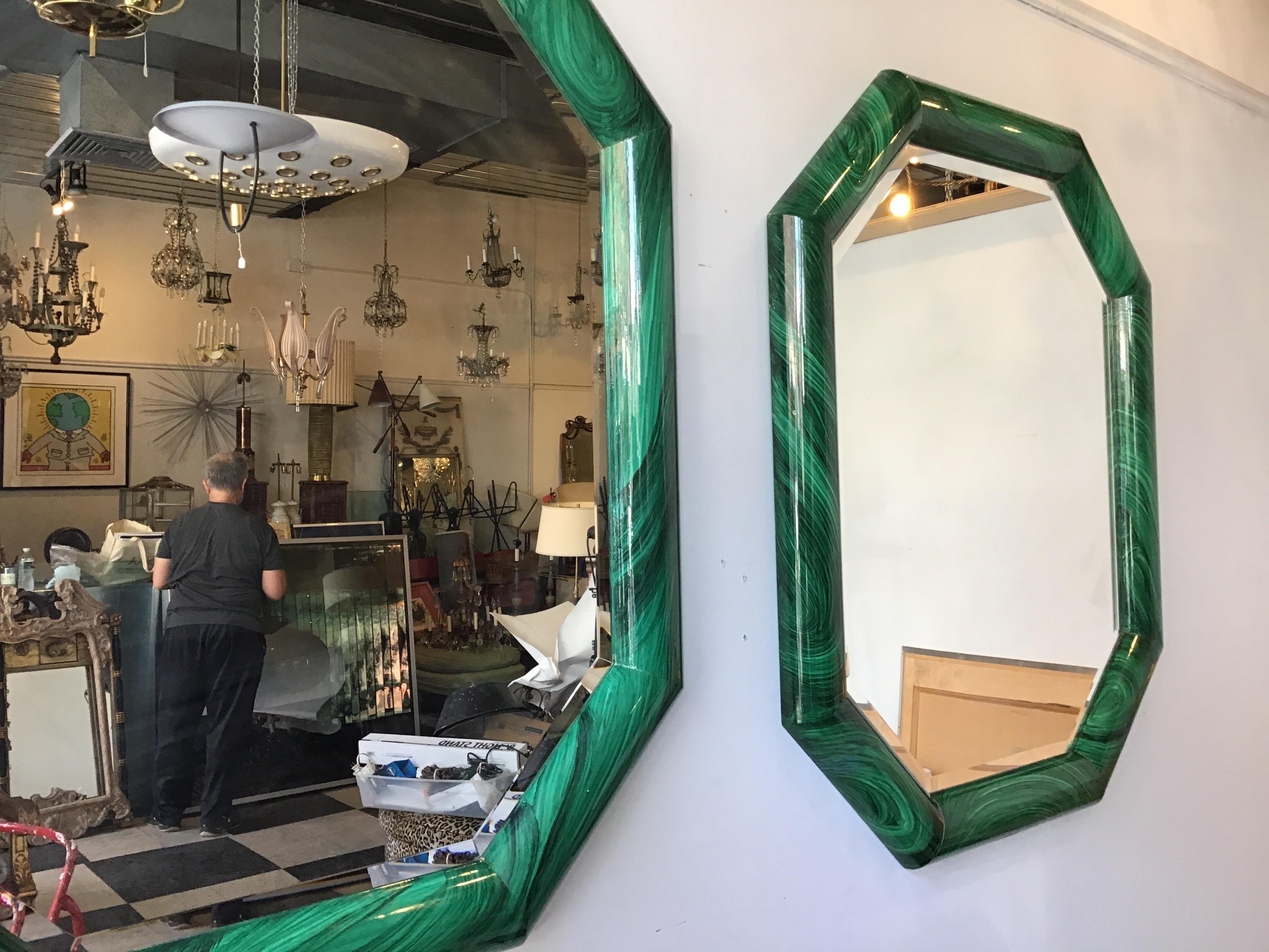 Large Pair of Italian 1970s Faux Malachite Beveled Mirrors In Good Condition In Tarrytown, NY