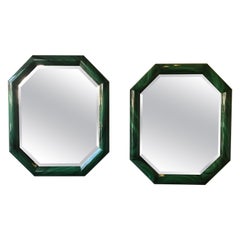 Large Pair of Italian 1970s Faux Malachite Beveled Mirrors