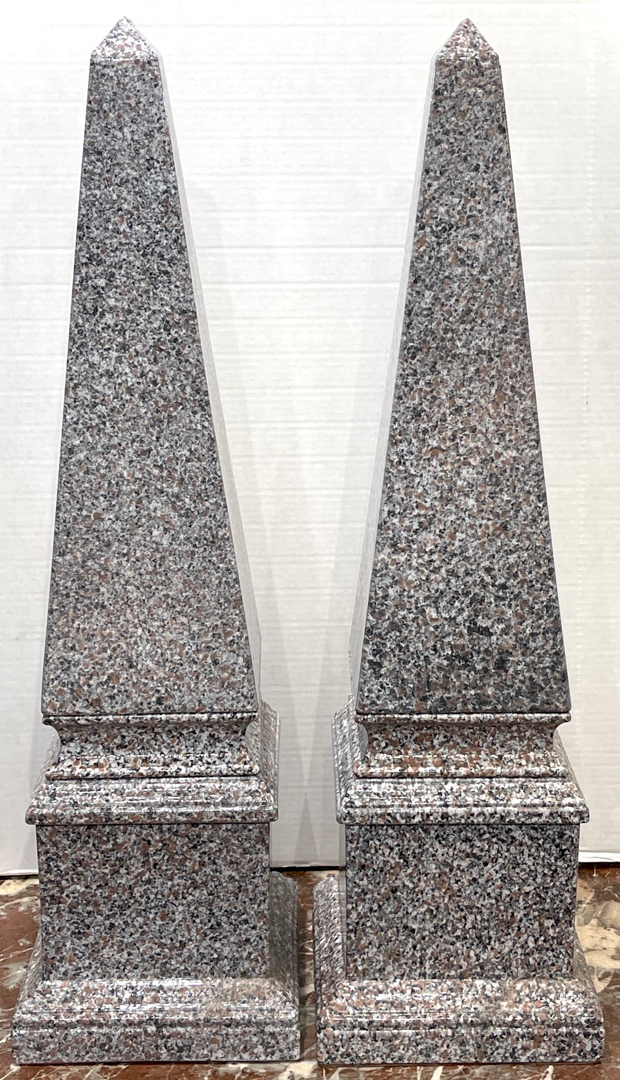 Large pair of Italian aptware/mixed earth obelisks, Each one standing 32-inches high with a diameter of 9-inches.