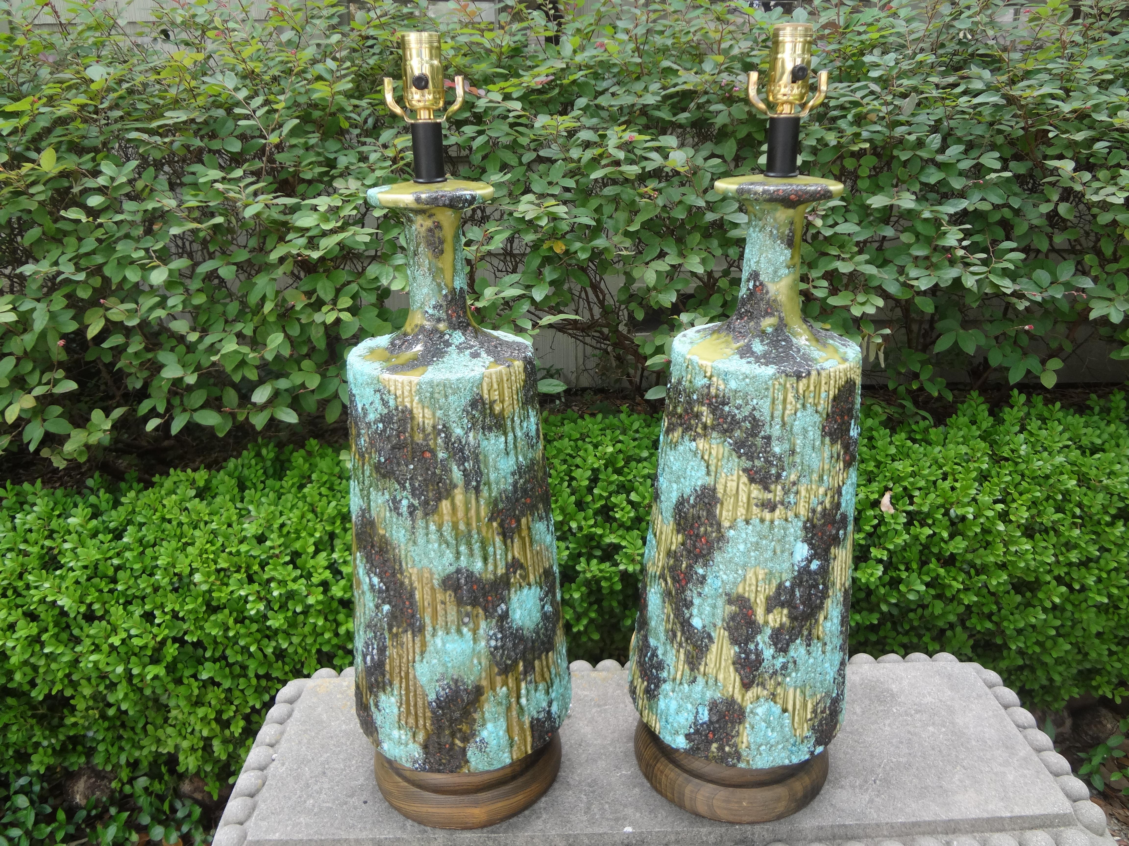 Large Pair of Italian Bitossi Attributed Glazed Ceramic Lamps 5