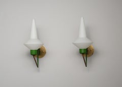 Large Pair of Italian Brass and Green‑Lacquered Wall Sconces with Opaline Glass