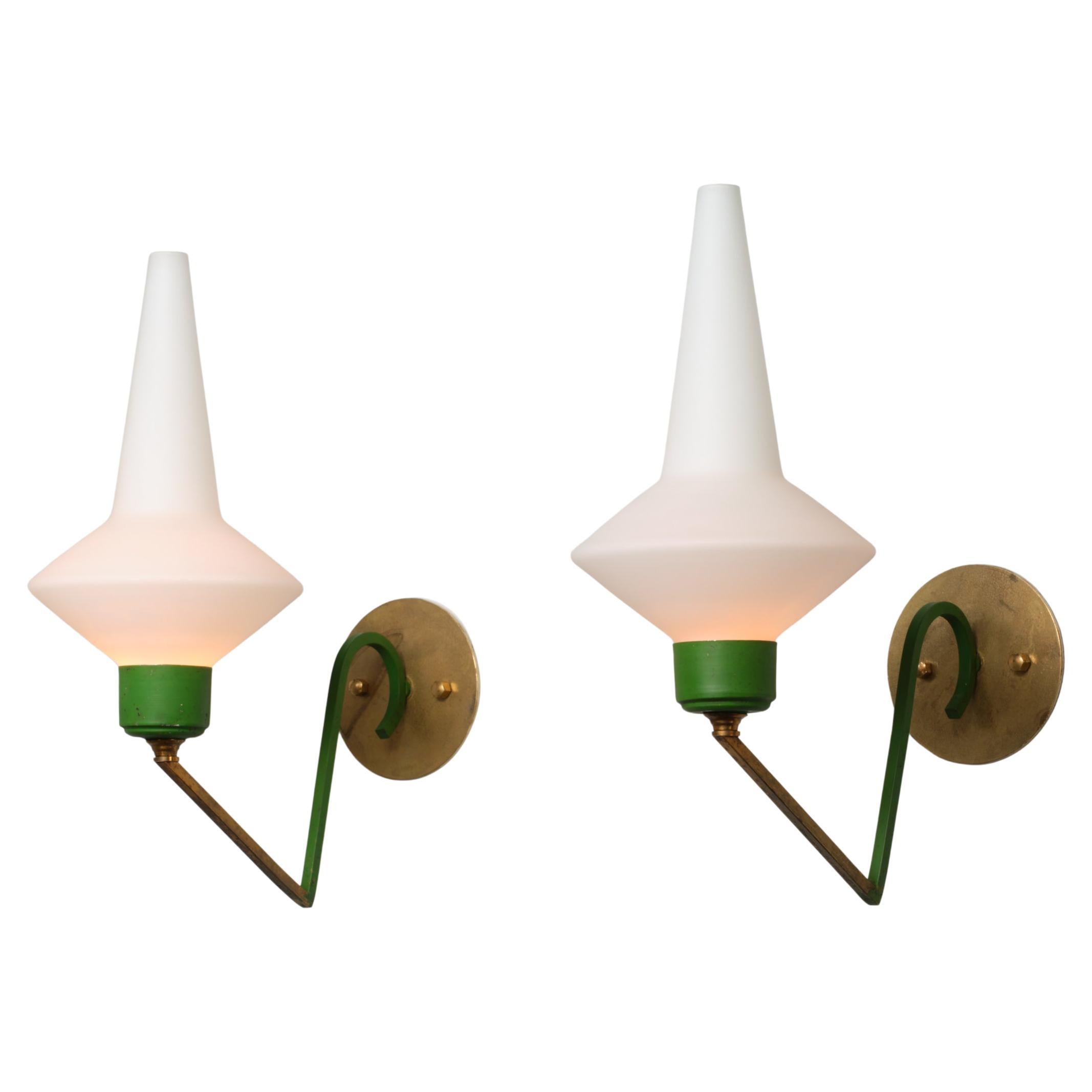 Large Pair of Italian Brass and Green‑Lacquered Wall Sconces with Opaline Glass en vente