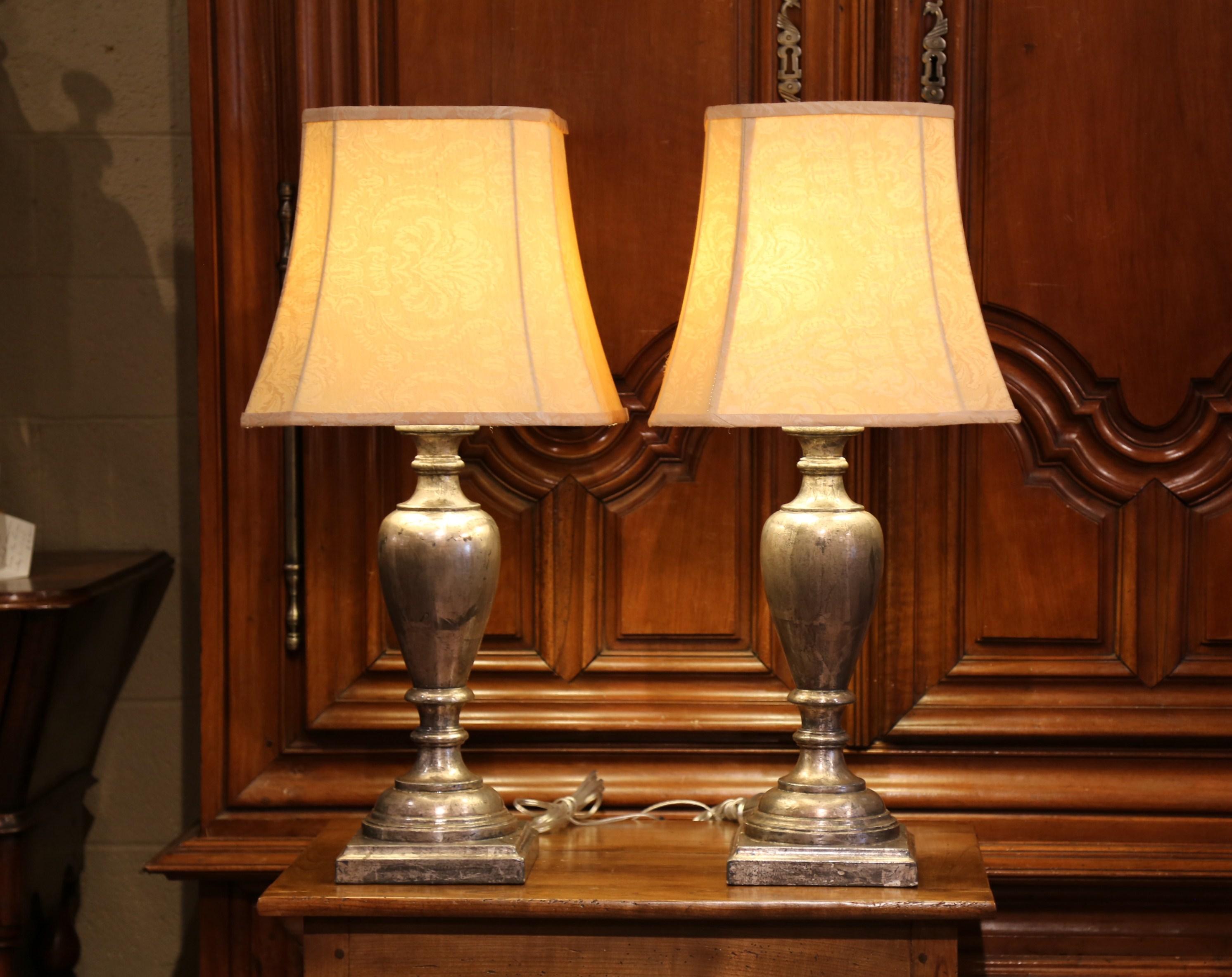 Pair of Italian Carved Silver Leaf Two-Light Urn Table Lamps In Excellent Condition In Dallas, TX