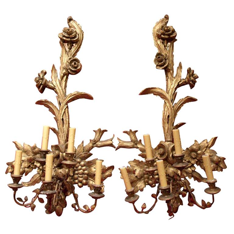 Large Pair of Italian Carved Wall Sconces