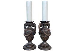 Large Pair Of Italian Carved Wood Urn Pricket Candlesticks