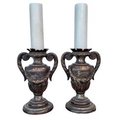 Large Pair Of Italian Carved Wood Urn Pricket Candlesticks