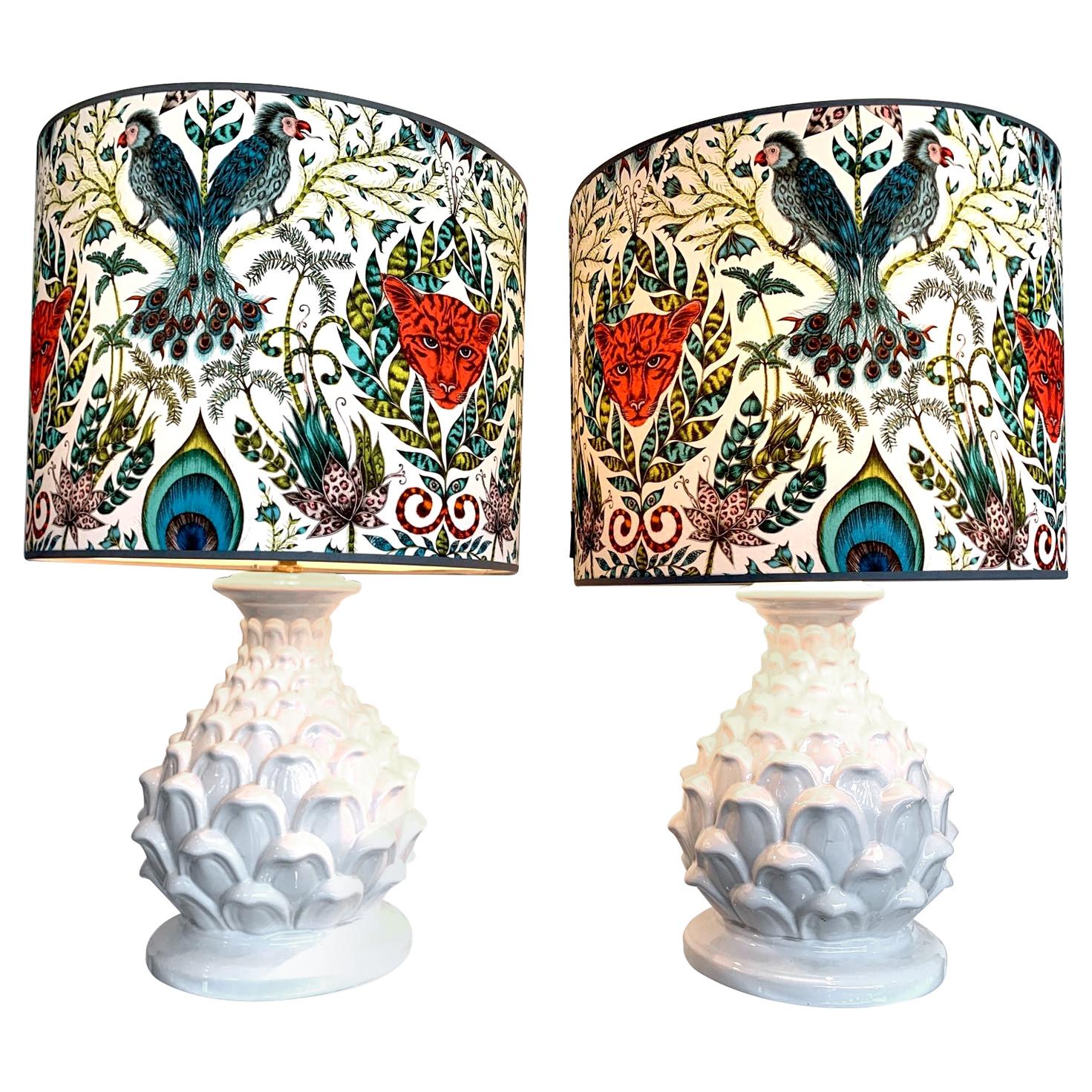 Large Pair of Italian Ceramic Artichoke Lamps with New Emma J Shipley Shades