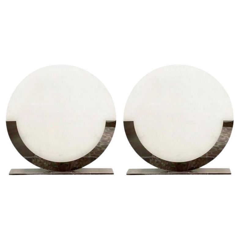 Large Pair of Italian Frosted Glass Lamps on Chrome Frame, 1990s For Sale