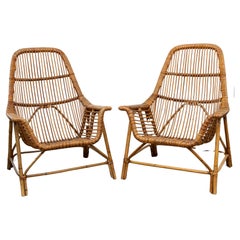 Large Pair Of Italian Mid Century Bamboo Lounge Chairs By Coslin for Gervasoni