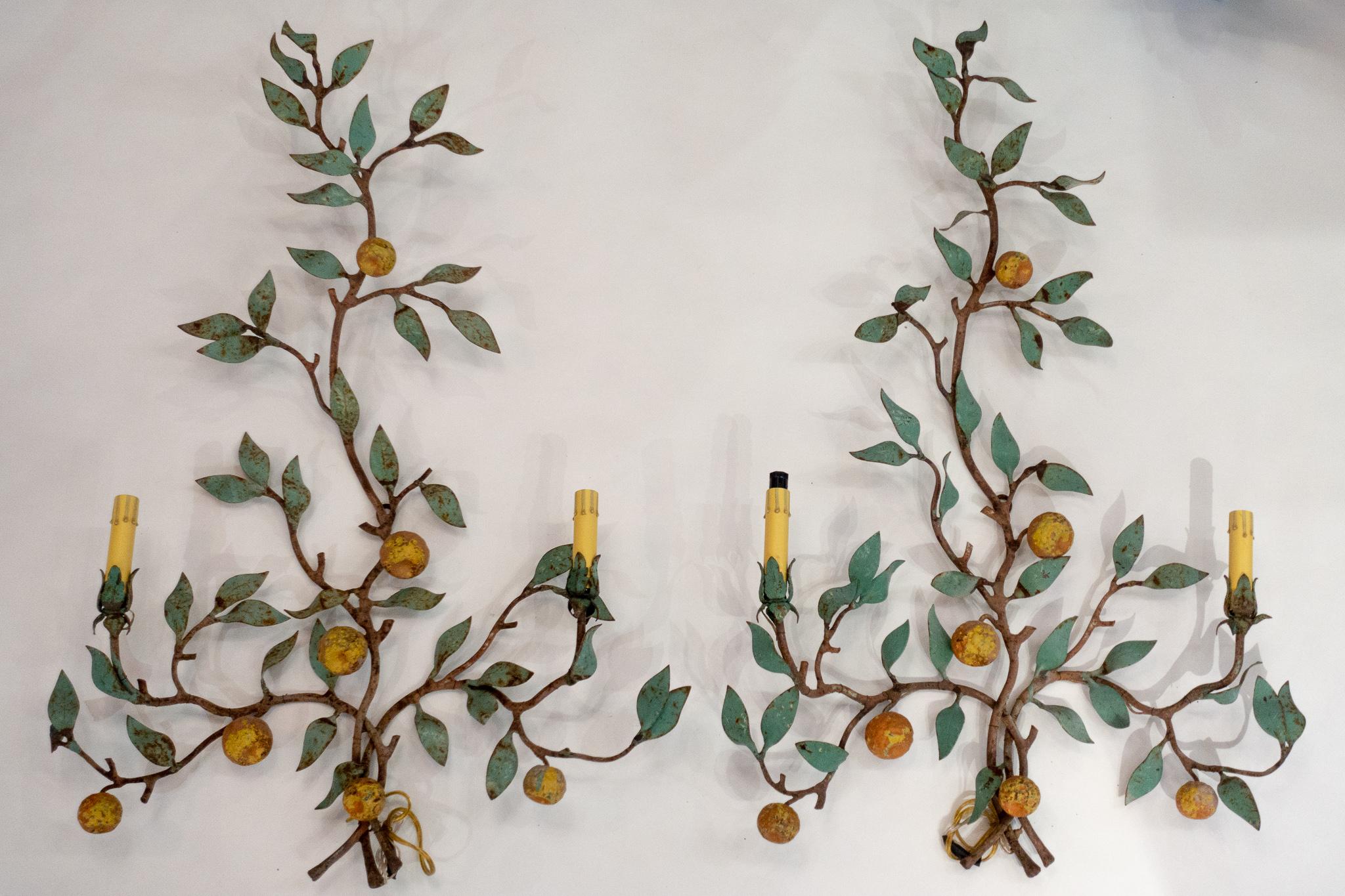 Large Pair of Italian Painted Metal Sconces with Leaf and Fruit Decoration 4