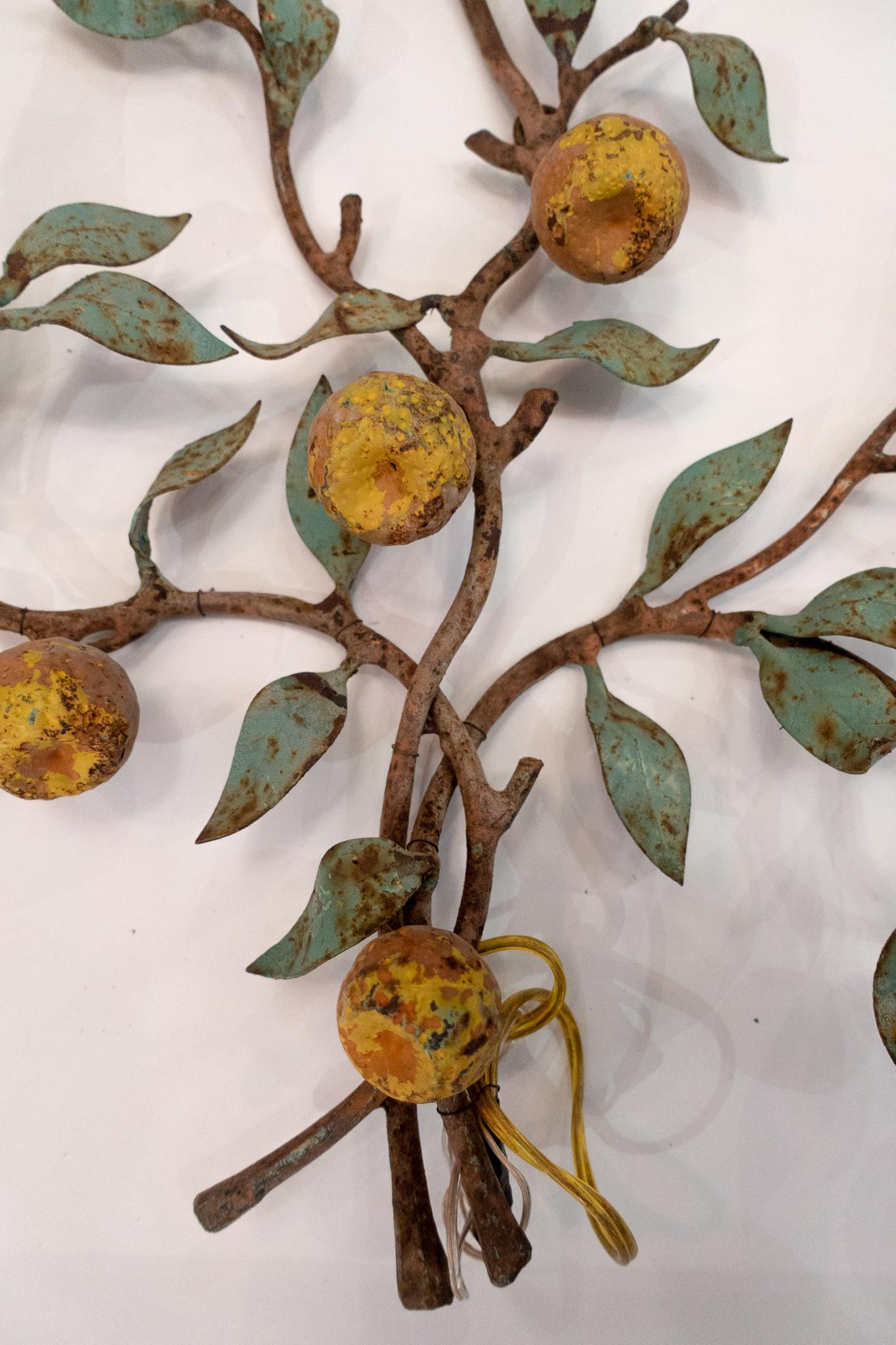 Mid-20th Century Large Pair of Italian Painted Metal Sconces with Leaf and Fruit Decoration
